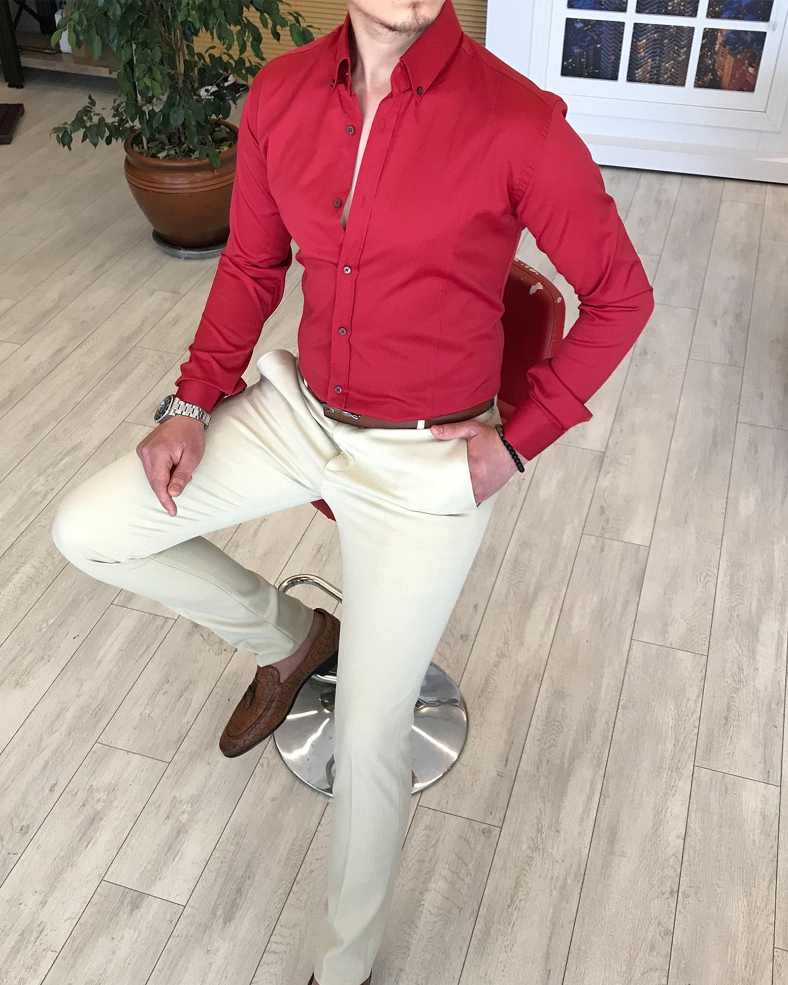 italyan stil slim fit dik yaka saten  erkek kırmızı gömlek T4113