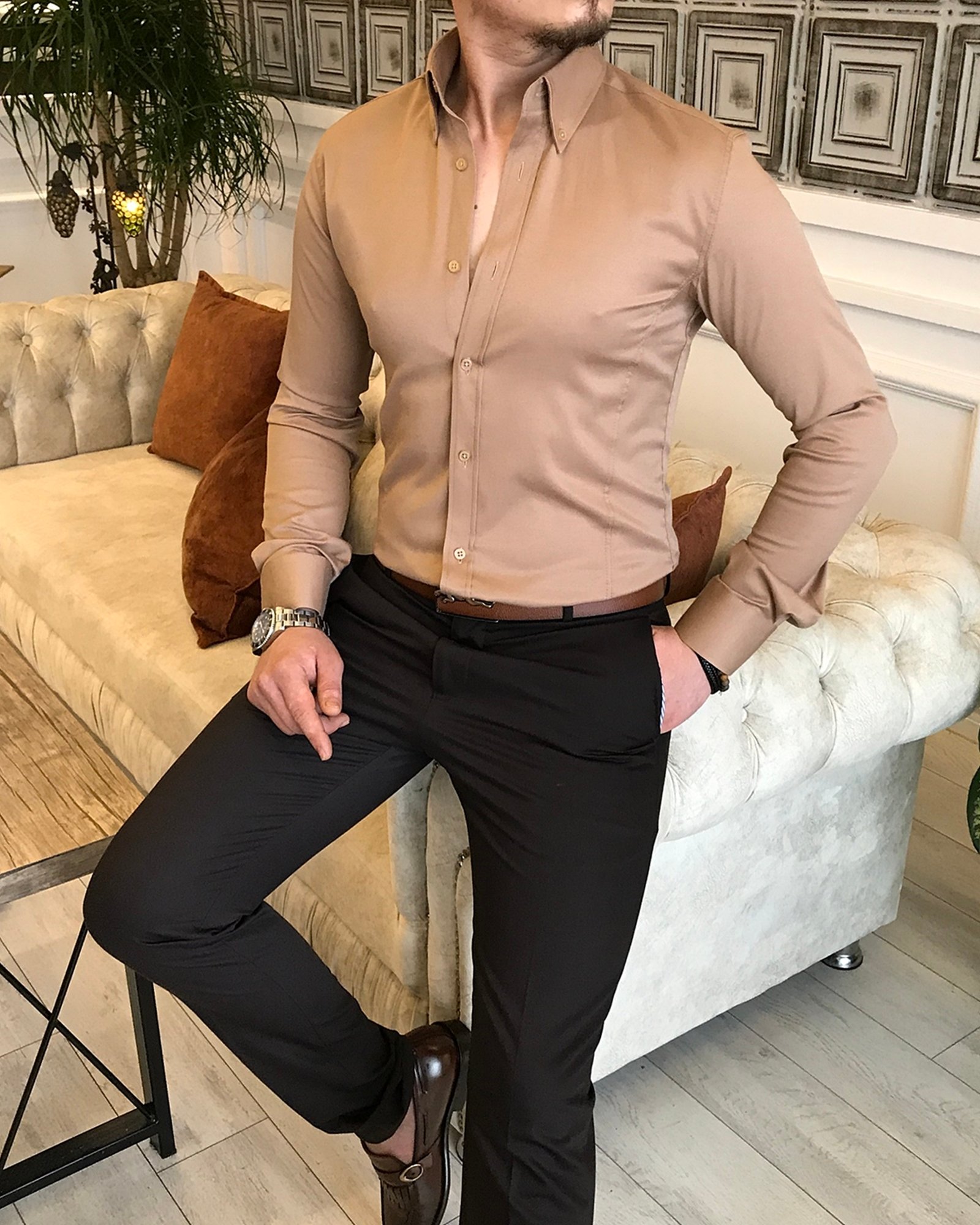 italyan stil slim fit dik yaka saten erkek gömlek Vizon T5104