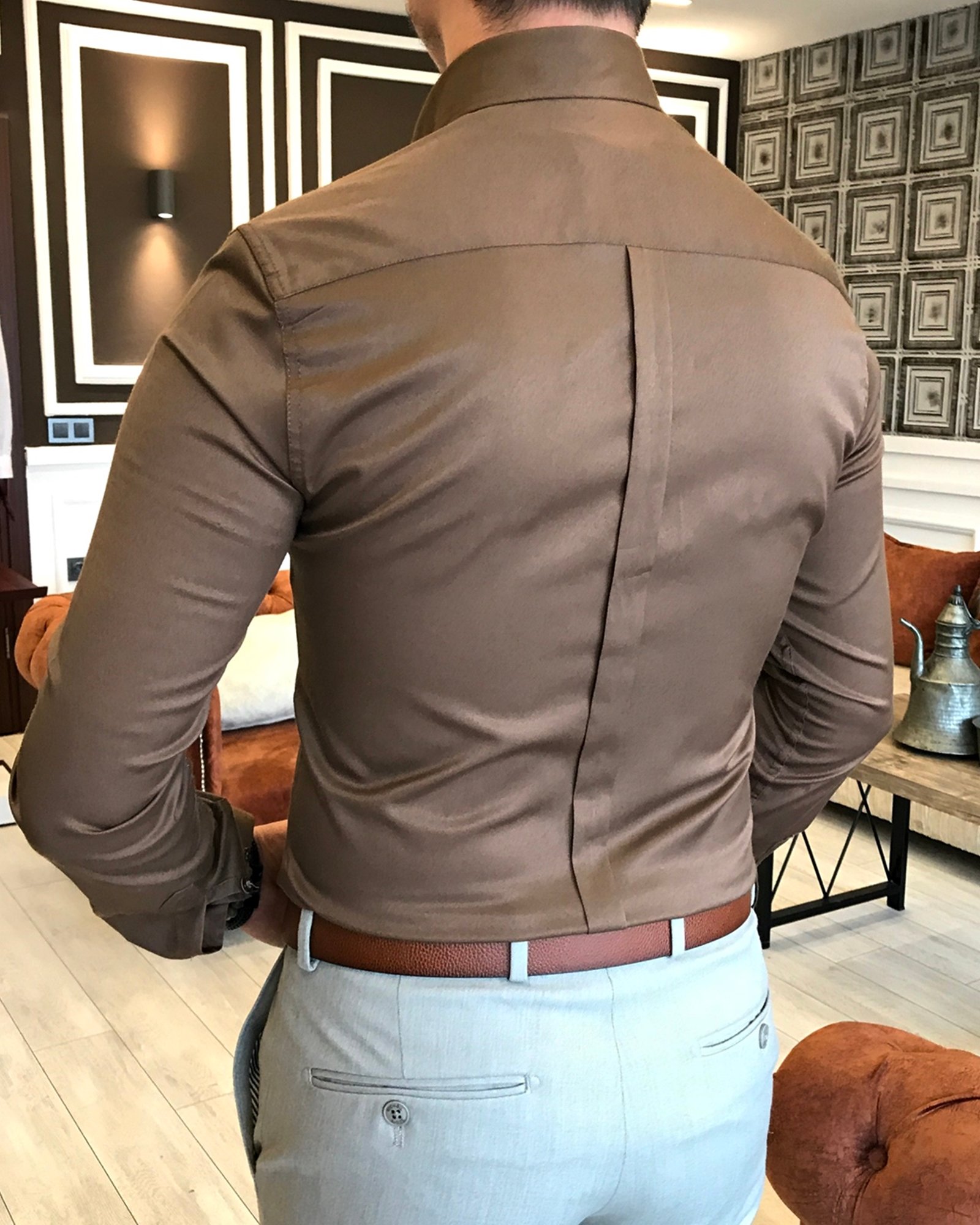 italyan stil slim fit dik yaka saten erkek gömlek Açık Kahve T5103