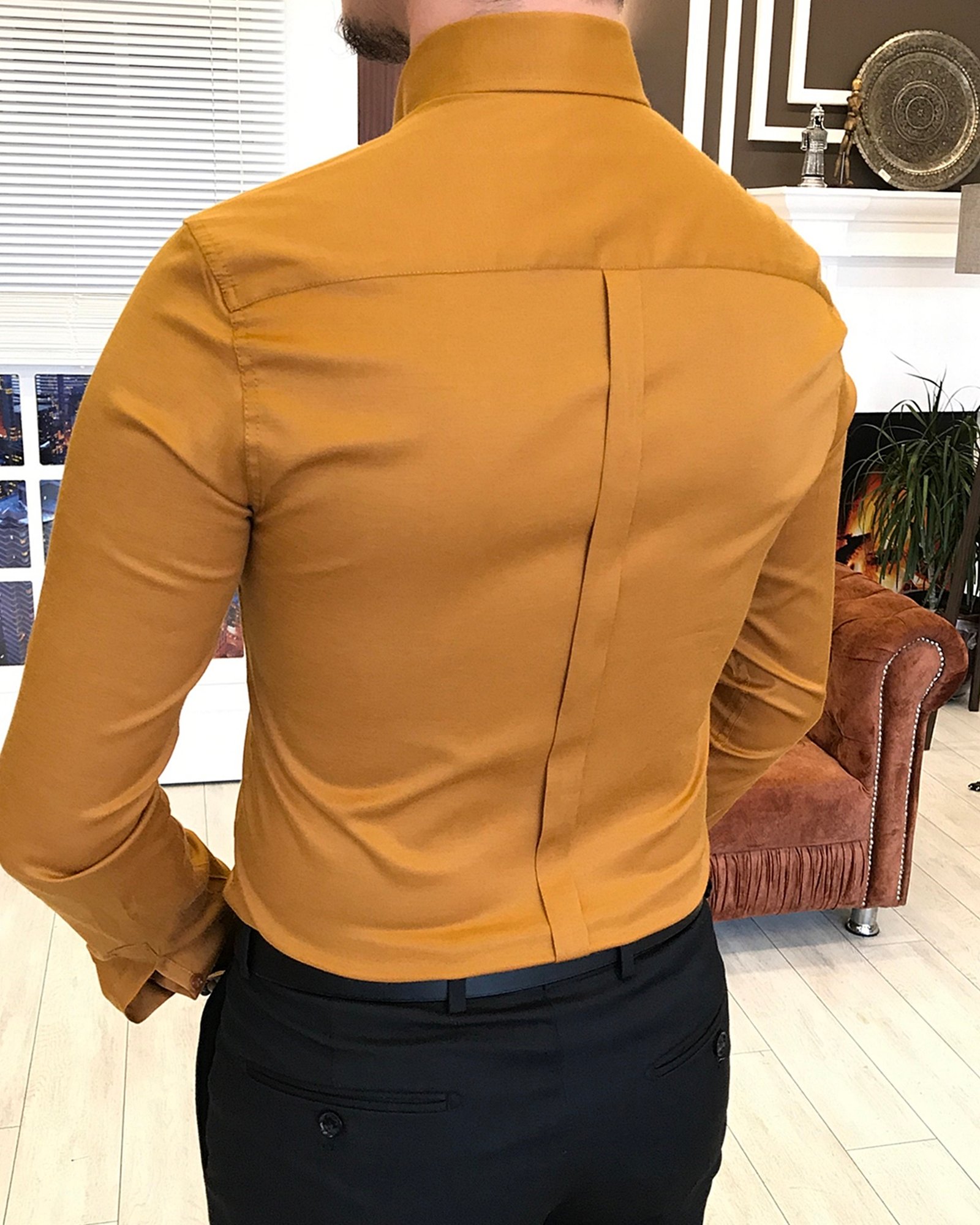 italyan stil slim fit dik yaka saten erkek gömlek Hardal T5105