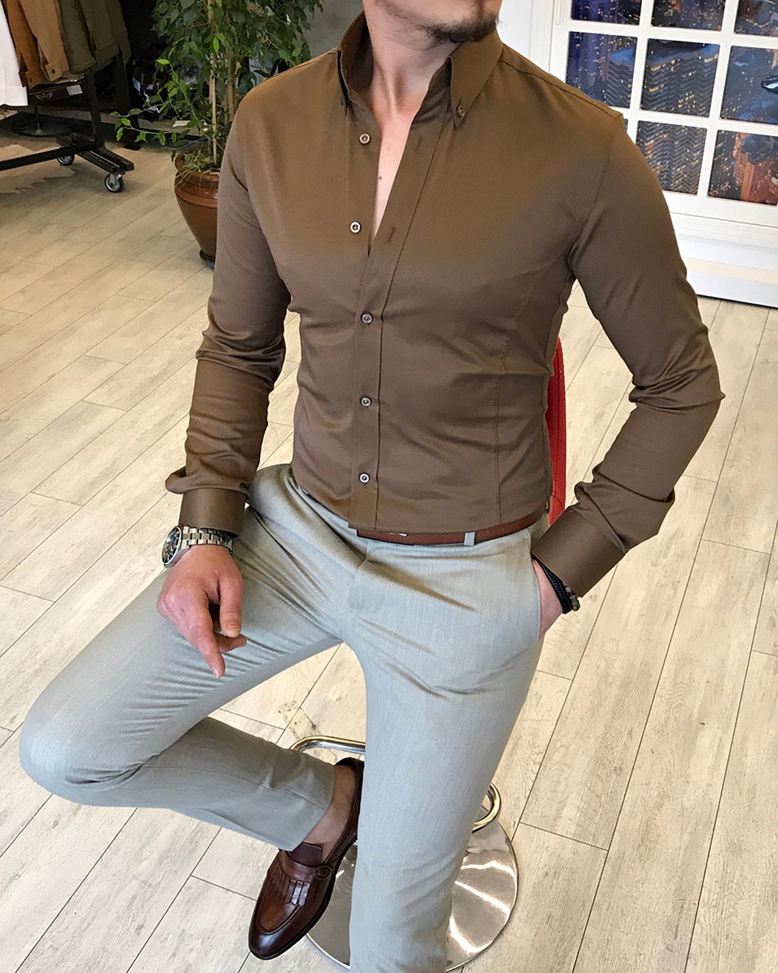italyan stil slim fit dik yaka saten erkek gömlek Açık Kahve T5103