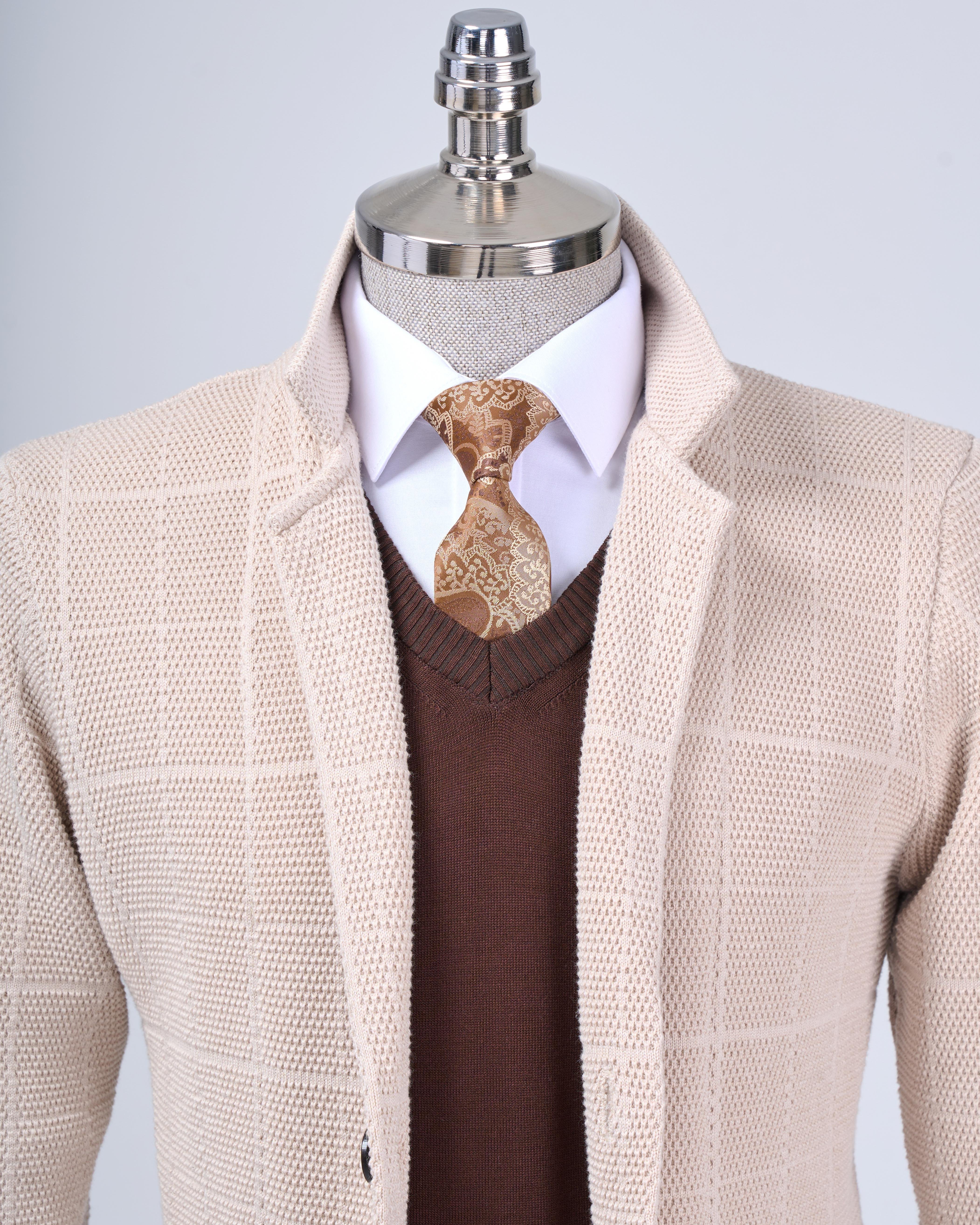 İtalyan stil slim fit düğmeli triko ceket bej T13264