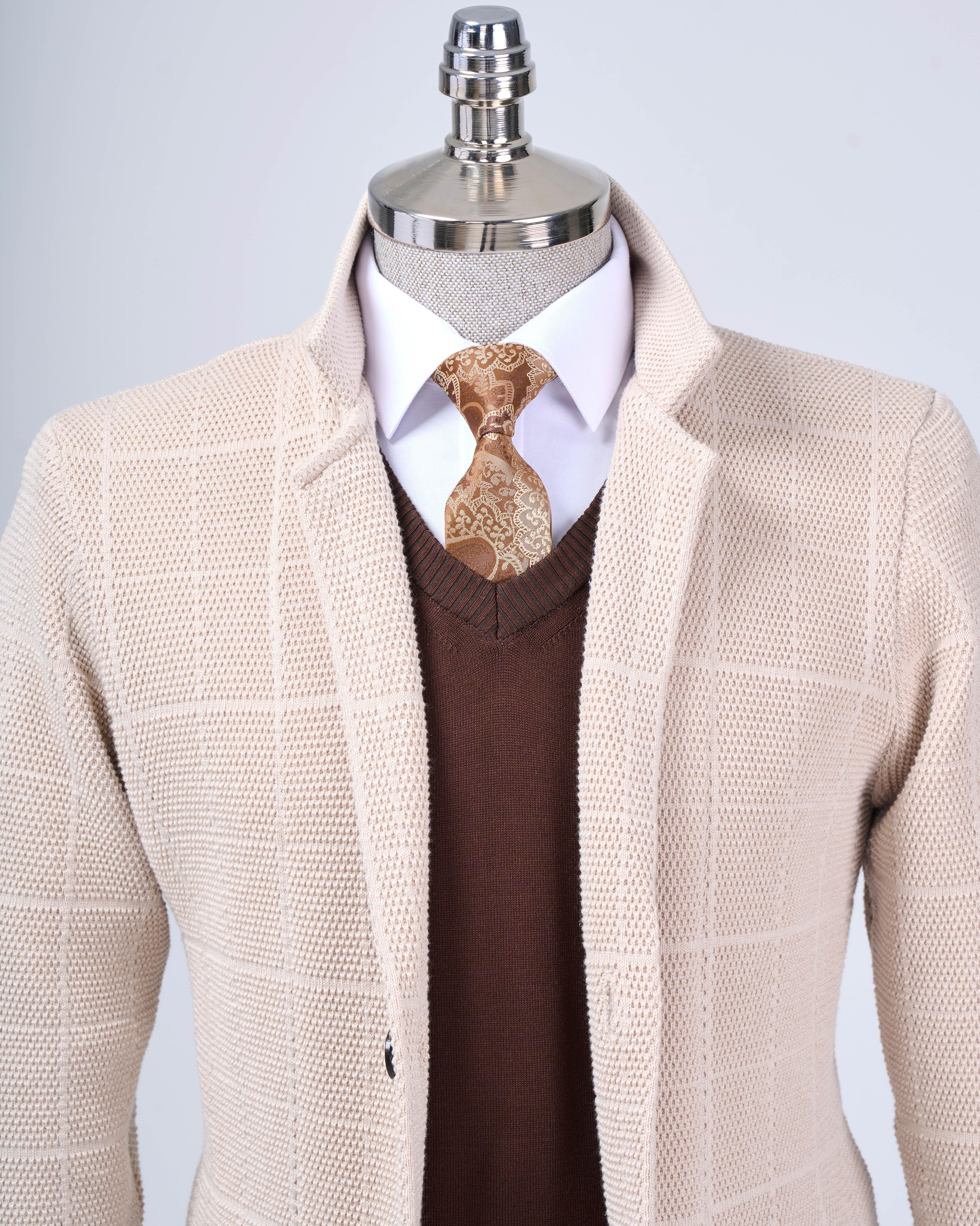 İtalyan stil slim fit düğmeli triko ceket bej T13264