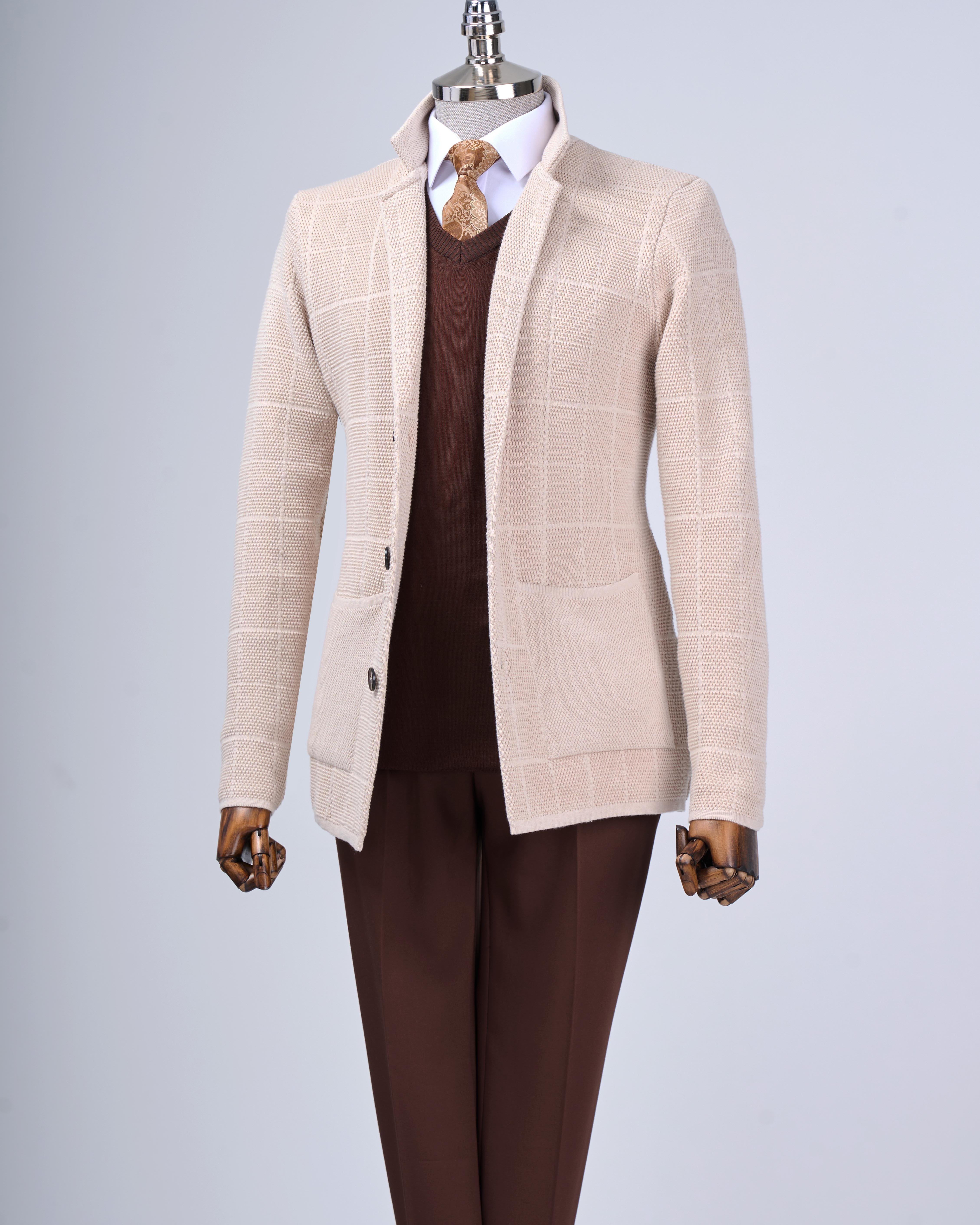 İtalyan stil slim fit düğmeli triko ceket bej T13264