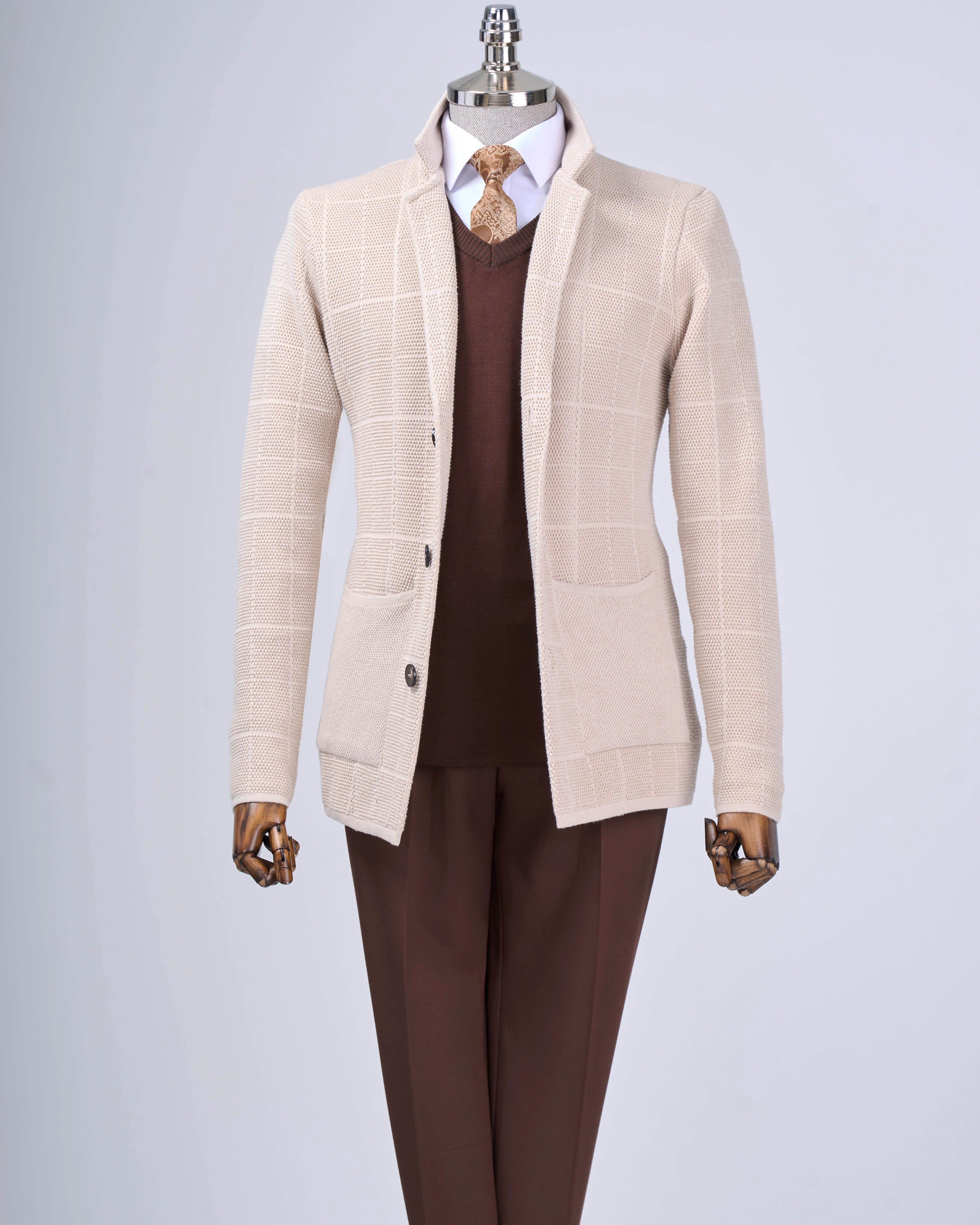 İtalyan stil slim fit düğmeli triko ceket bej T13264