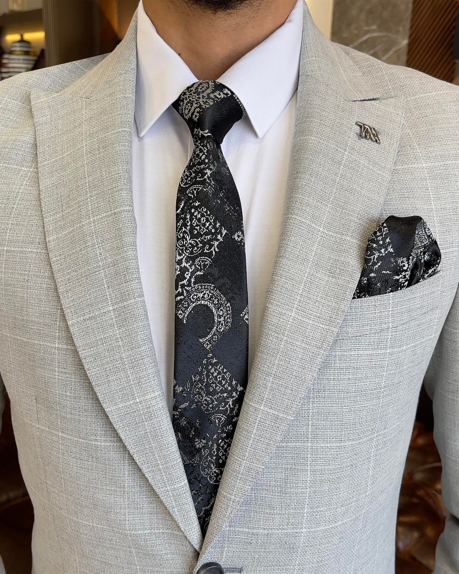 Italian style slim fit plaid jacket pant suit gray T9559