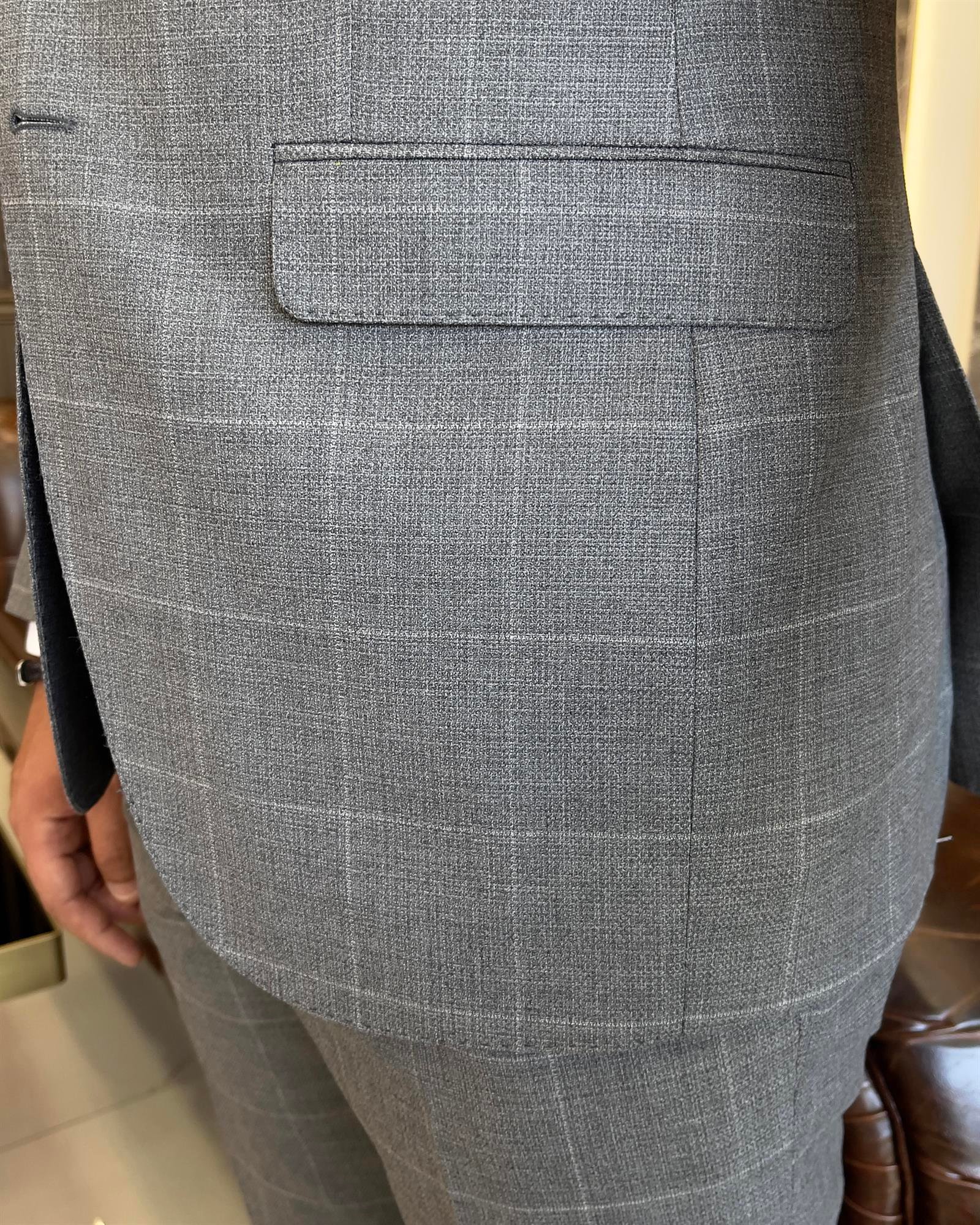 İtalyan stil slim fit ekose ceket pantolon takım elbise gri T9558