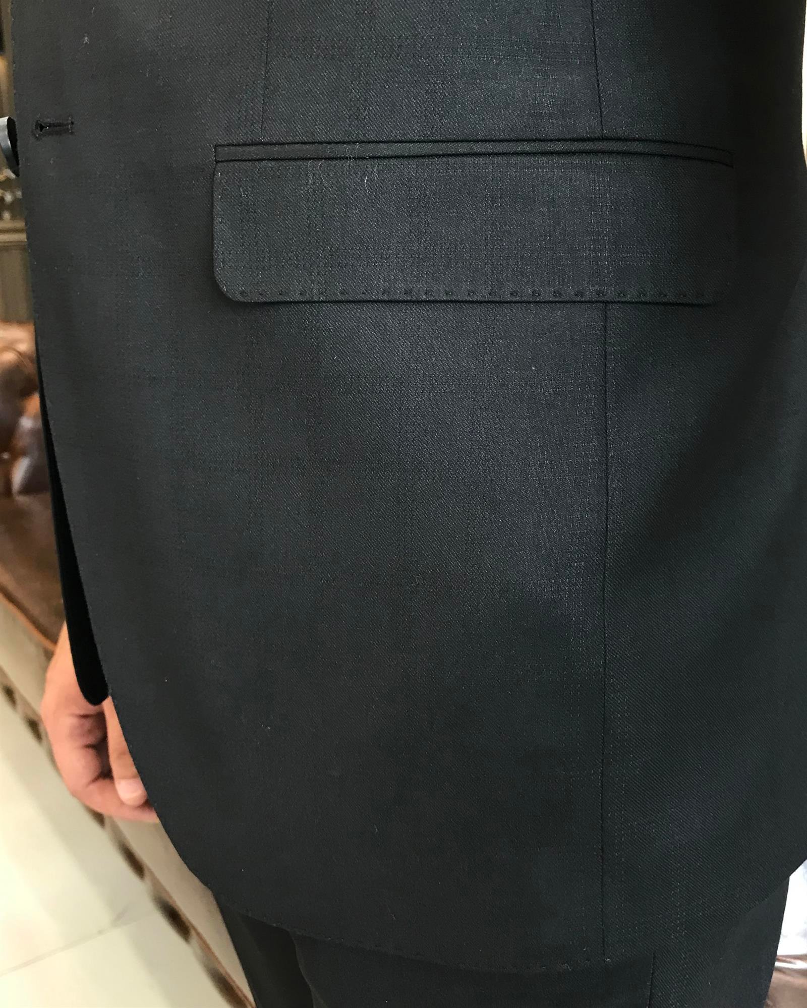 Italian style slim fit plaid jacket pant suit black T9566