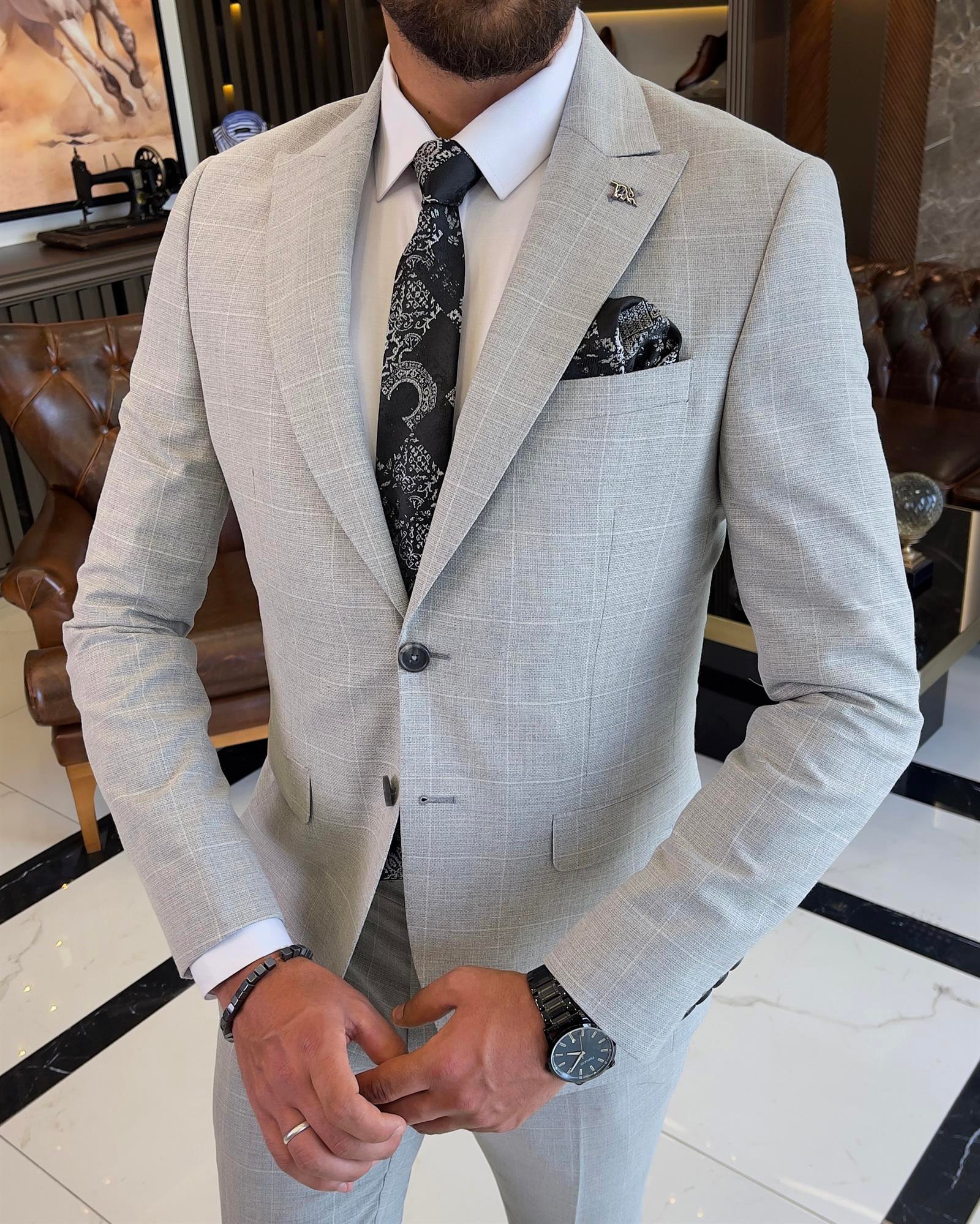 Italian style slim fit plaid jacket pant suit gray T9559