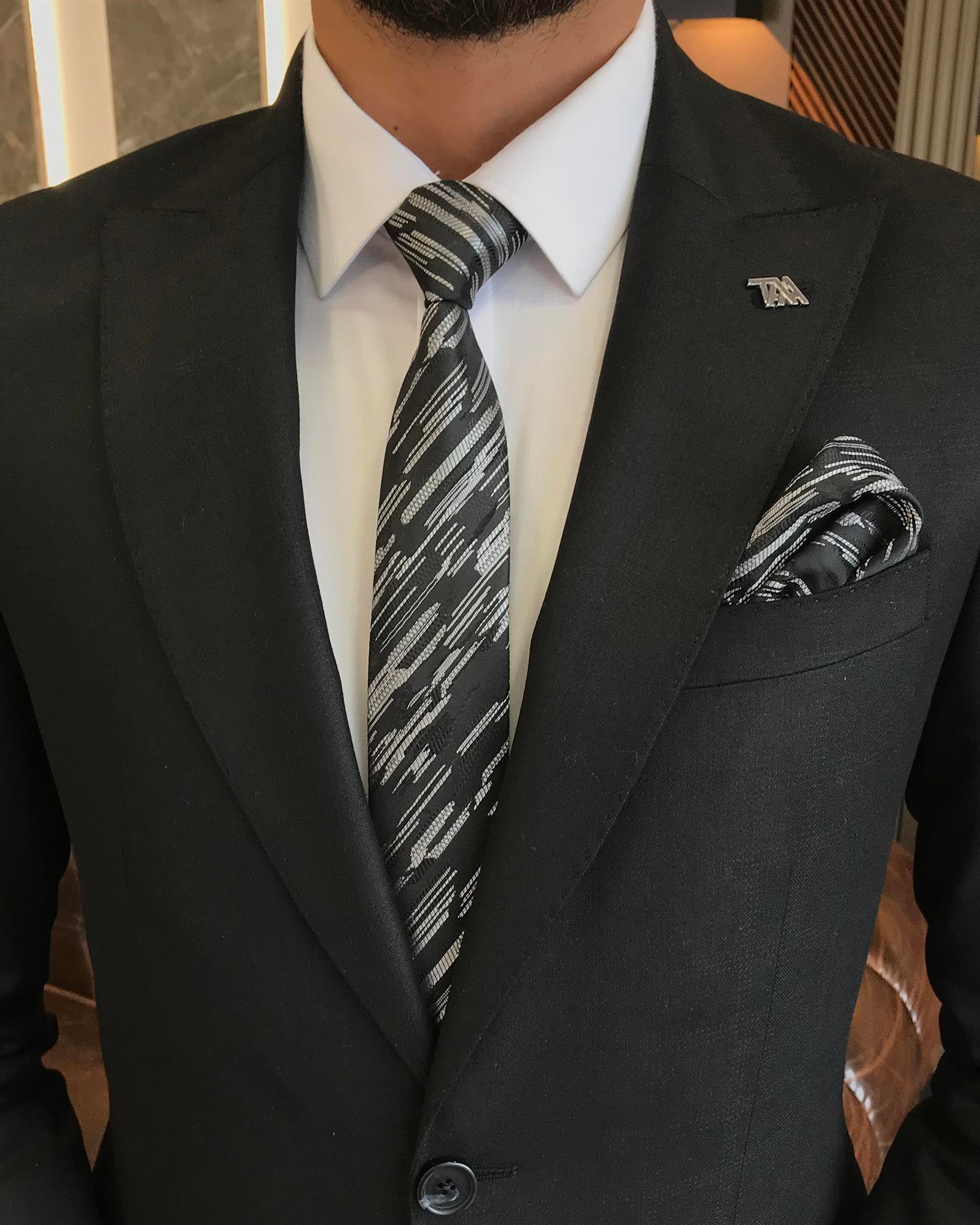 Italian style slim fit plaid jacket pant suit black T9566