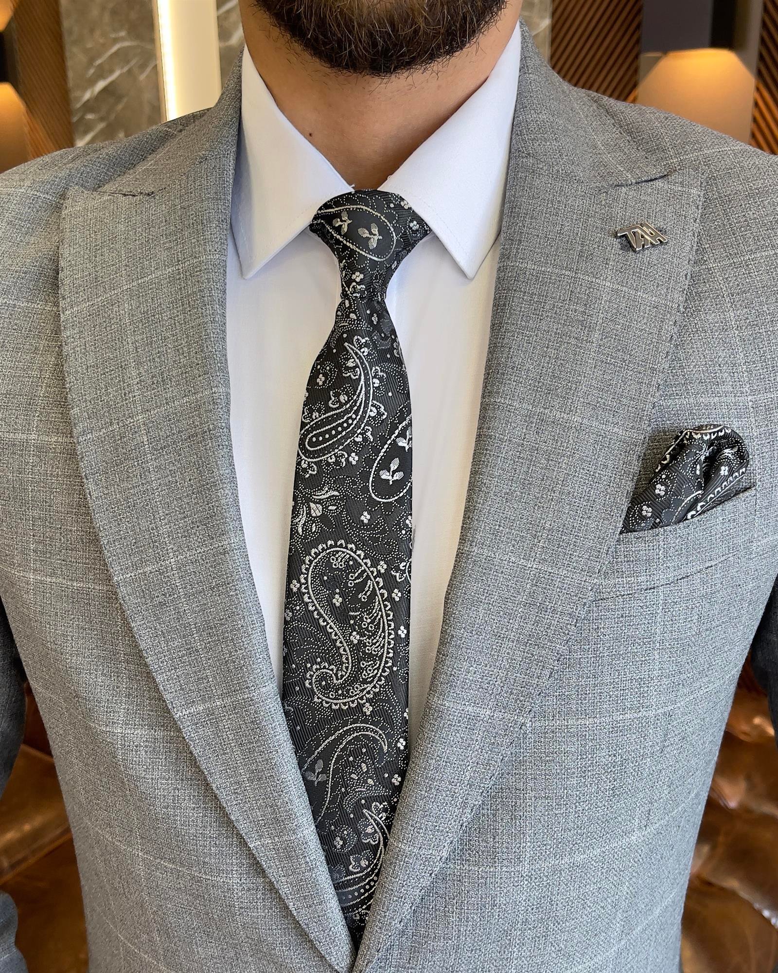 İtalyan stil slim fit ekose ceket pantolon takım elbise gri T9558