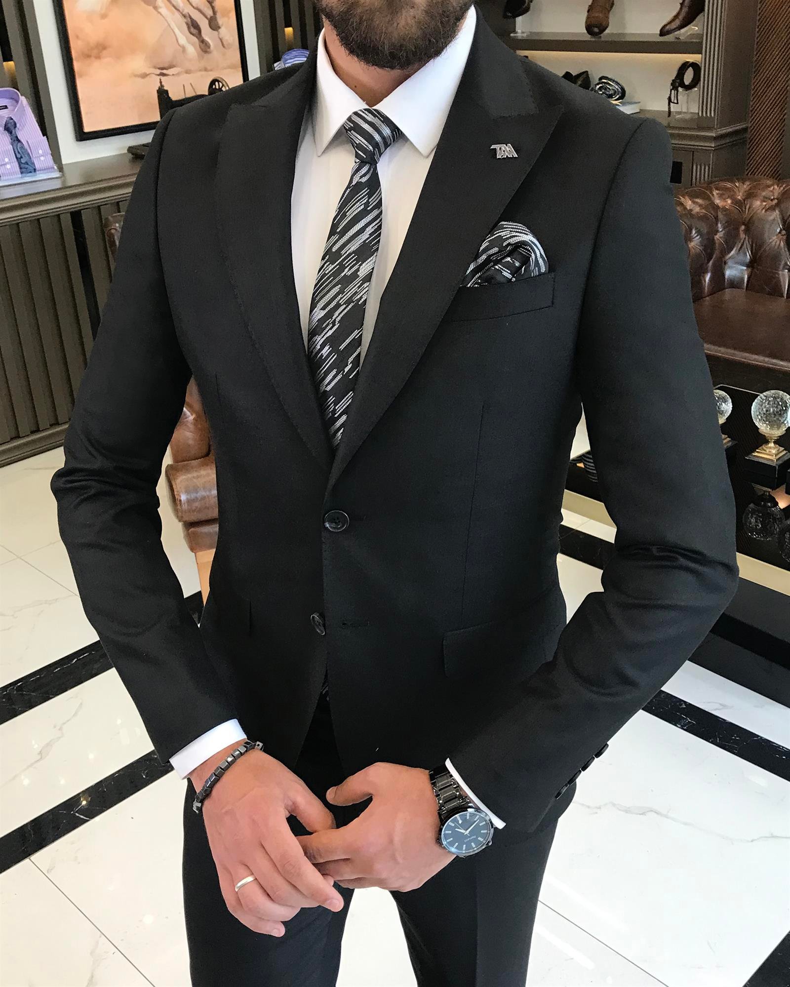 Italian style slim fit plaid jacket pant suit black T9566