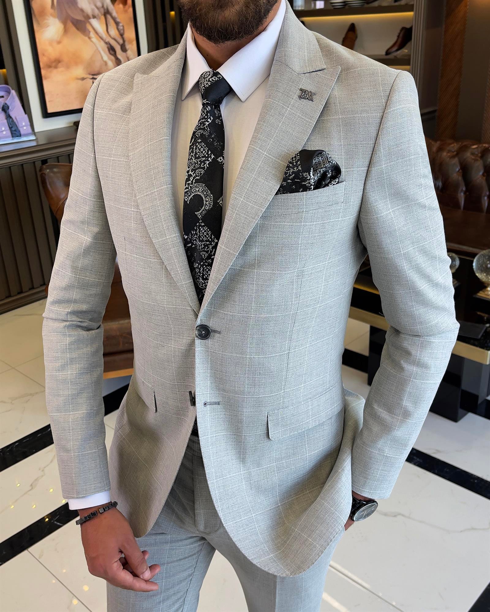 Italian style slim fit plaid jacket pant suit gray T9559