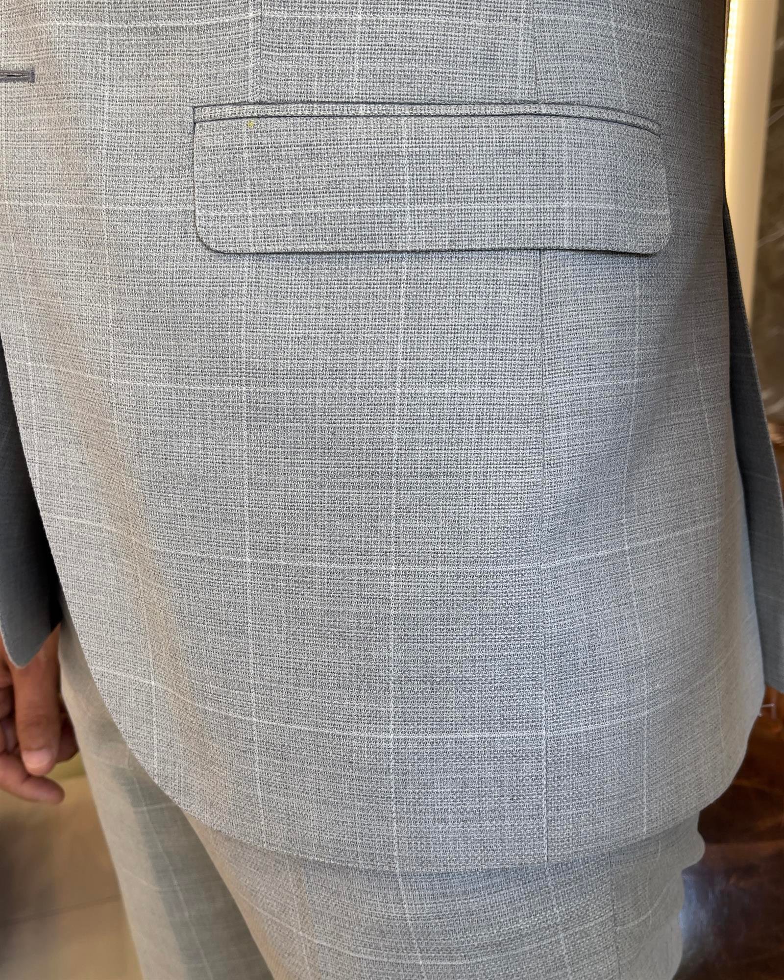 Italian style slim fit plaid jacket pant suit gray T9559