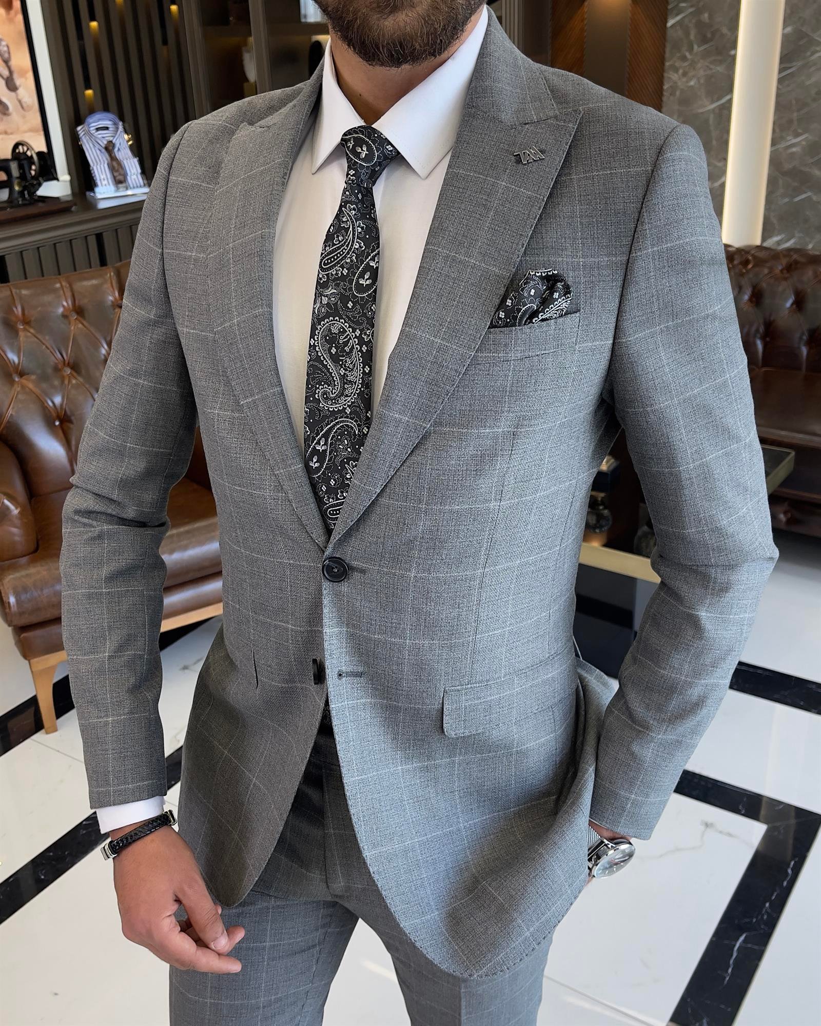 İtalyan stil slim fit ekose ceket pantolon takım elbise gri T9558