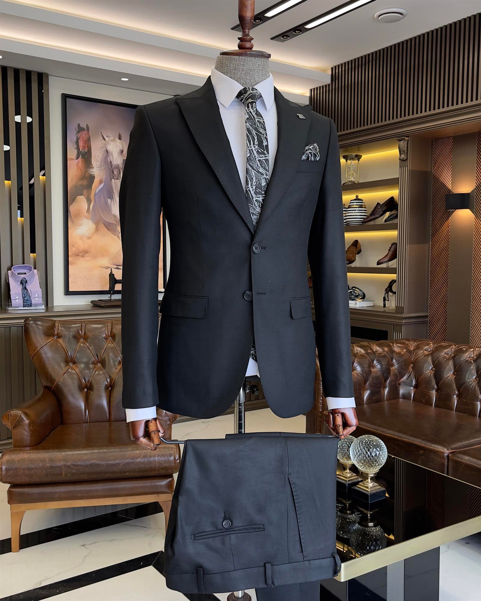 Italian style slim fit plaid jacket pant suit black T9566