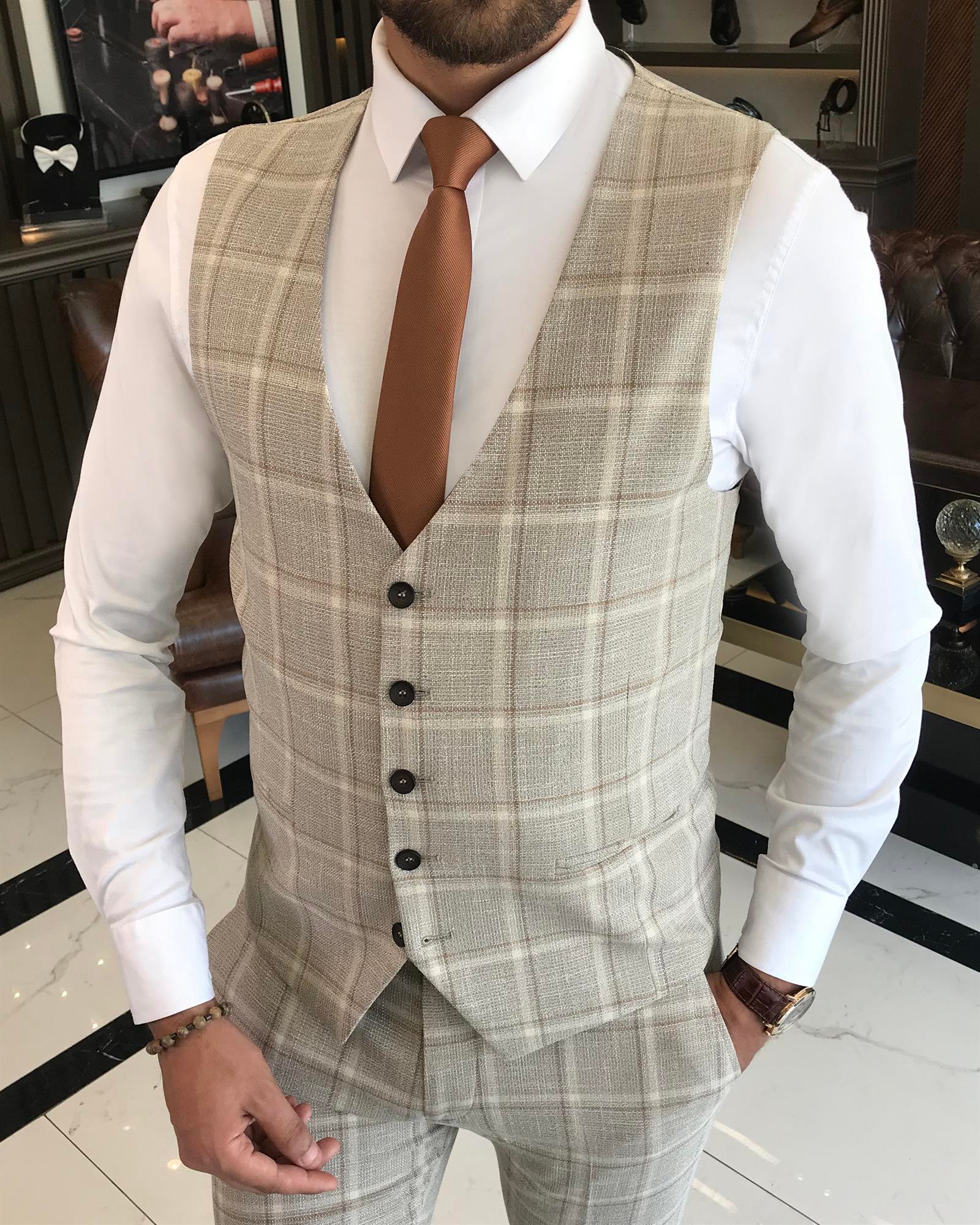 İtalyan stil slim fit ekose ceket yelek pantolon takım elbise bej T9778