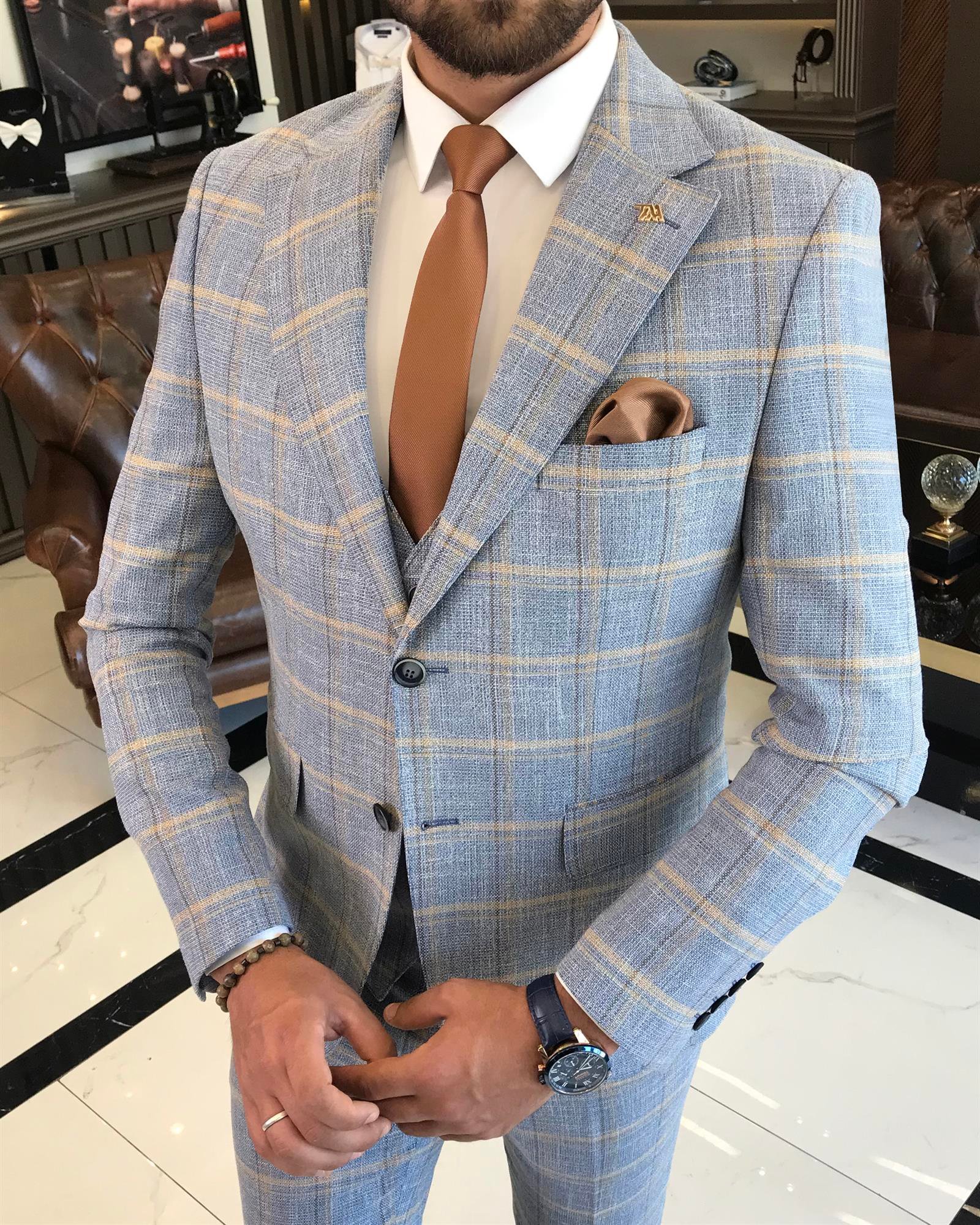 İtalyan stil slim fit ekose ceket yelek pantolon takım elbise mavi T9775