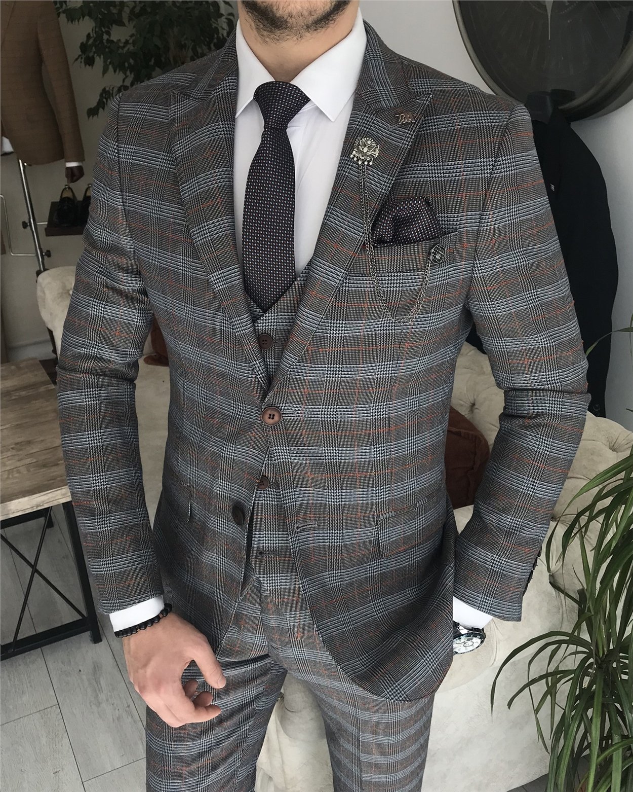 İtalyan stil slim fit ekose ceket yelek pantolon takım elbise Kahverengi T8362
