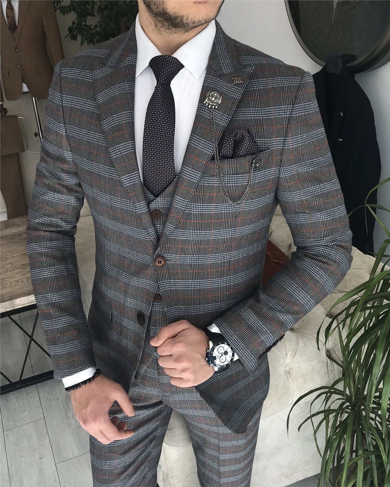 İtalyan stil slim fit ekose ceket yelek pantolon takım elbise Kahverengi T8362