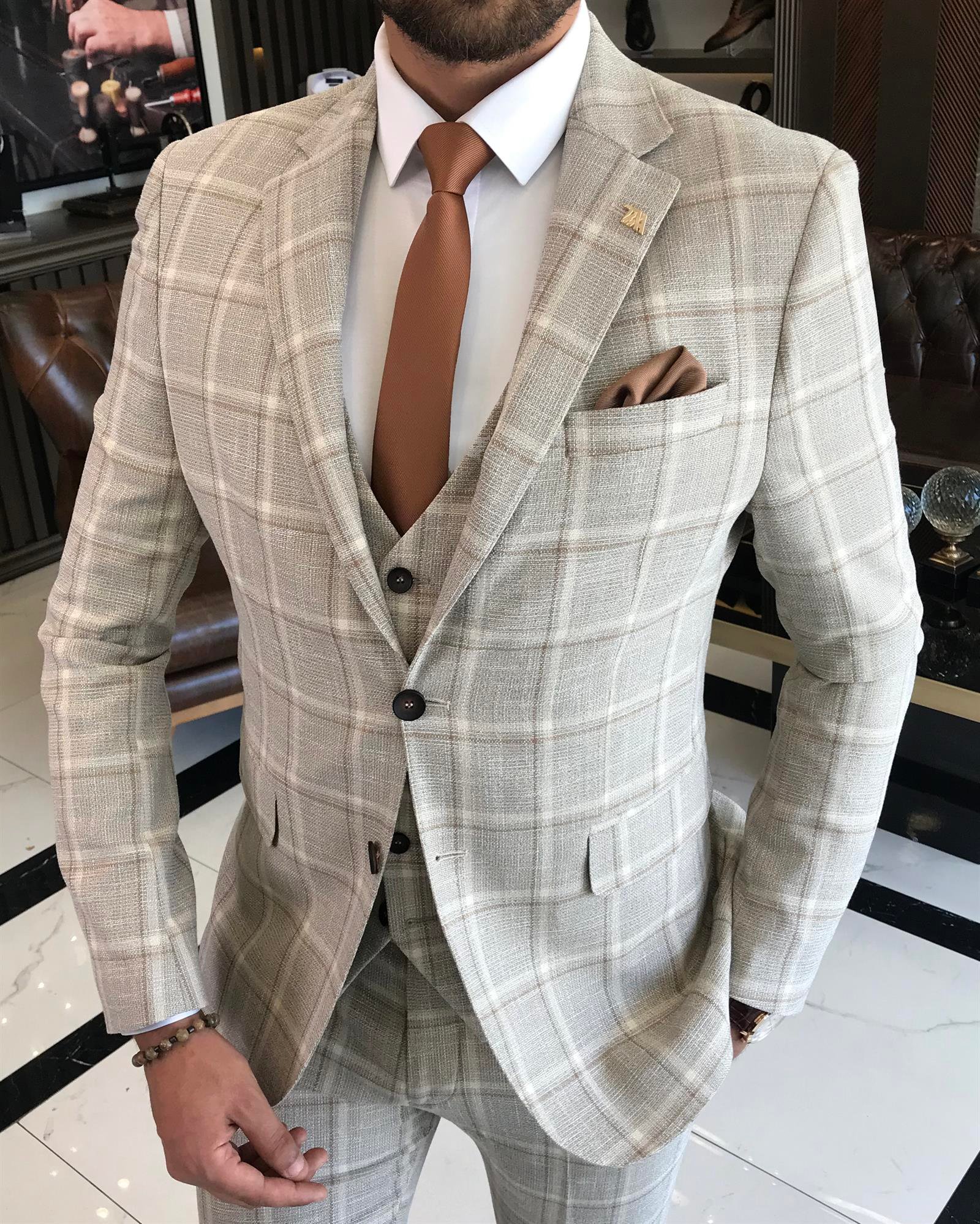 İtalyan stil slim fit ekose ceket yelek pantolon takım elbise bej T9778