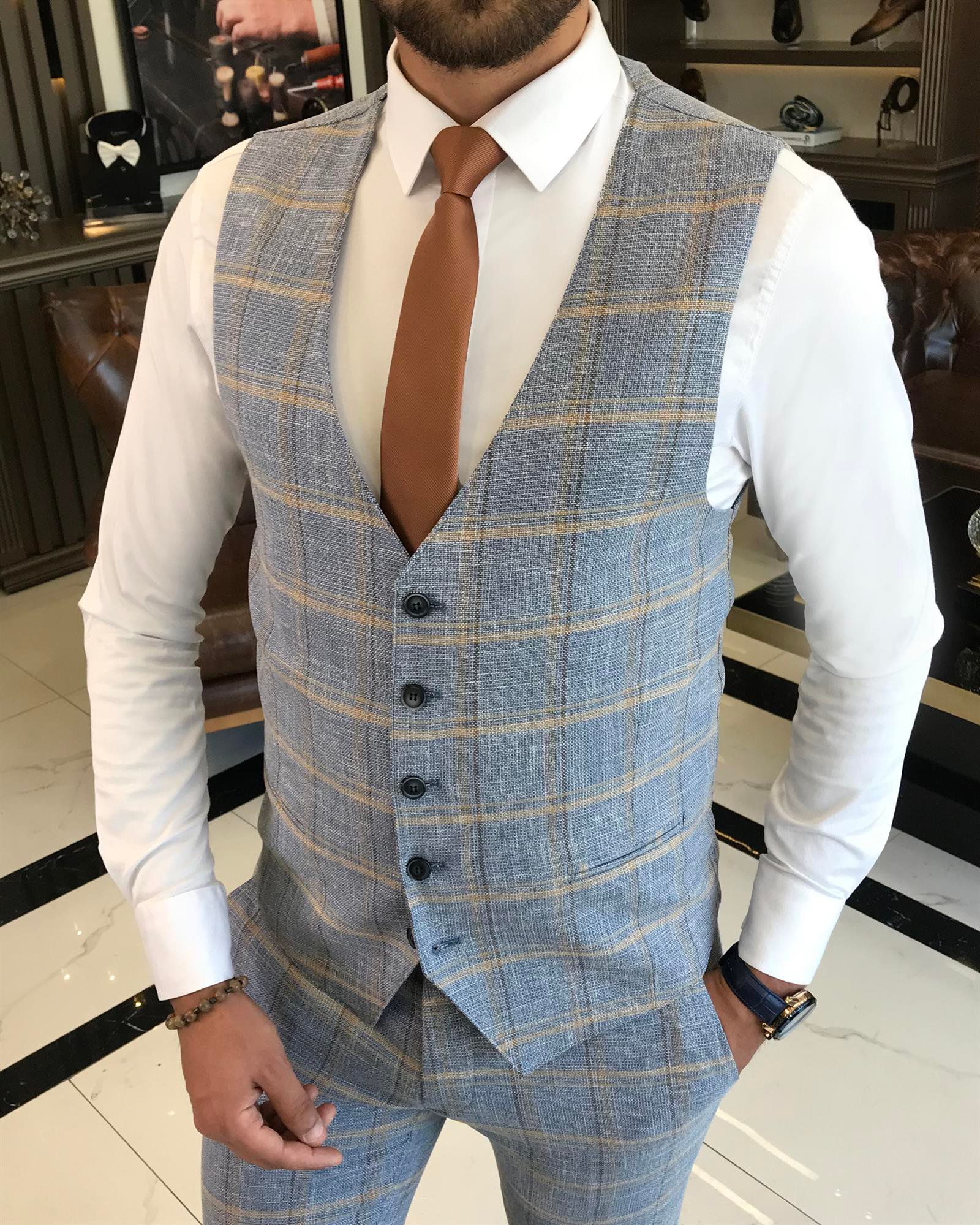 İtalyan stil slim fit ekose ceket yelek pantolon takım elbise mavi T9775