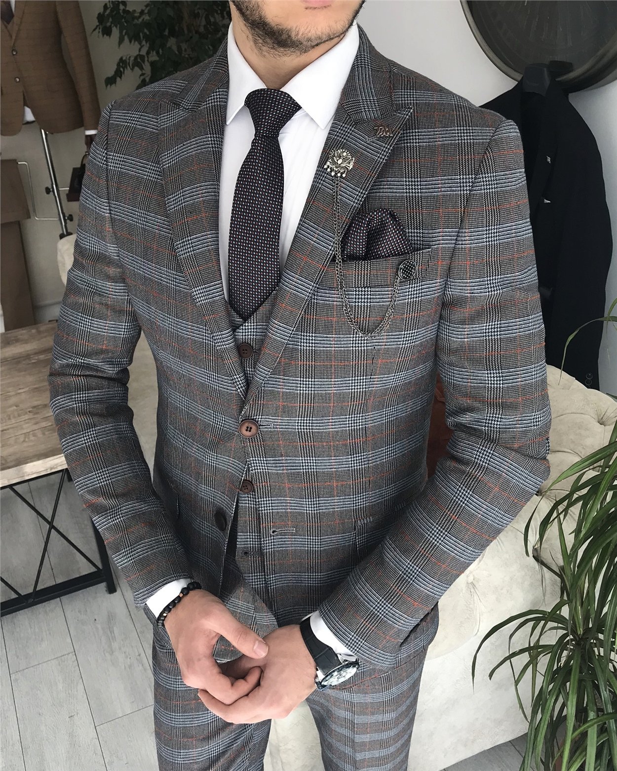 İtalyan stil slim fit ekose ceket yelek pantolon takım elbise Kahverengi T8362