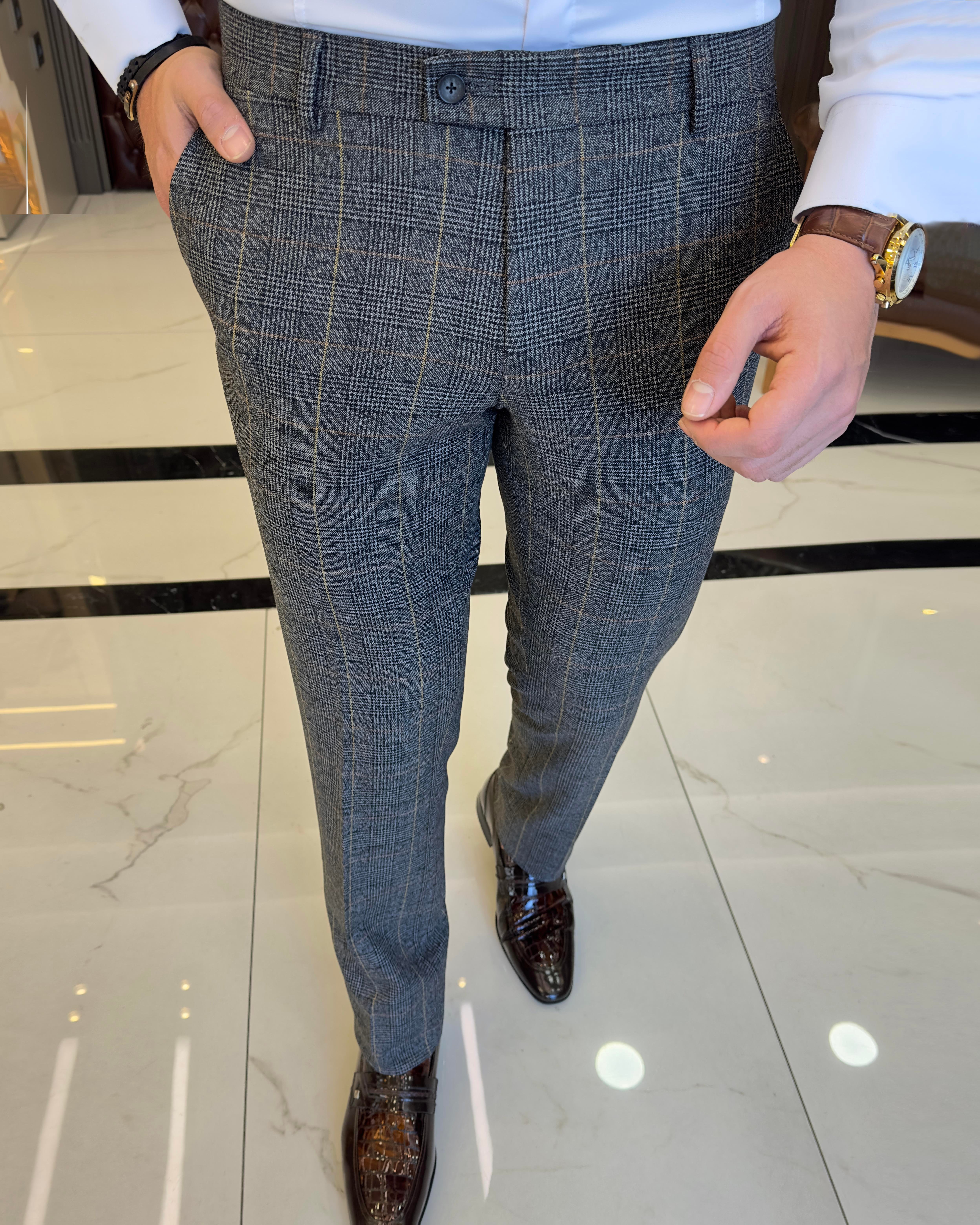  Italian style slim fit plaid pattern men's trousers gray T10170