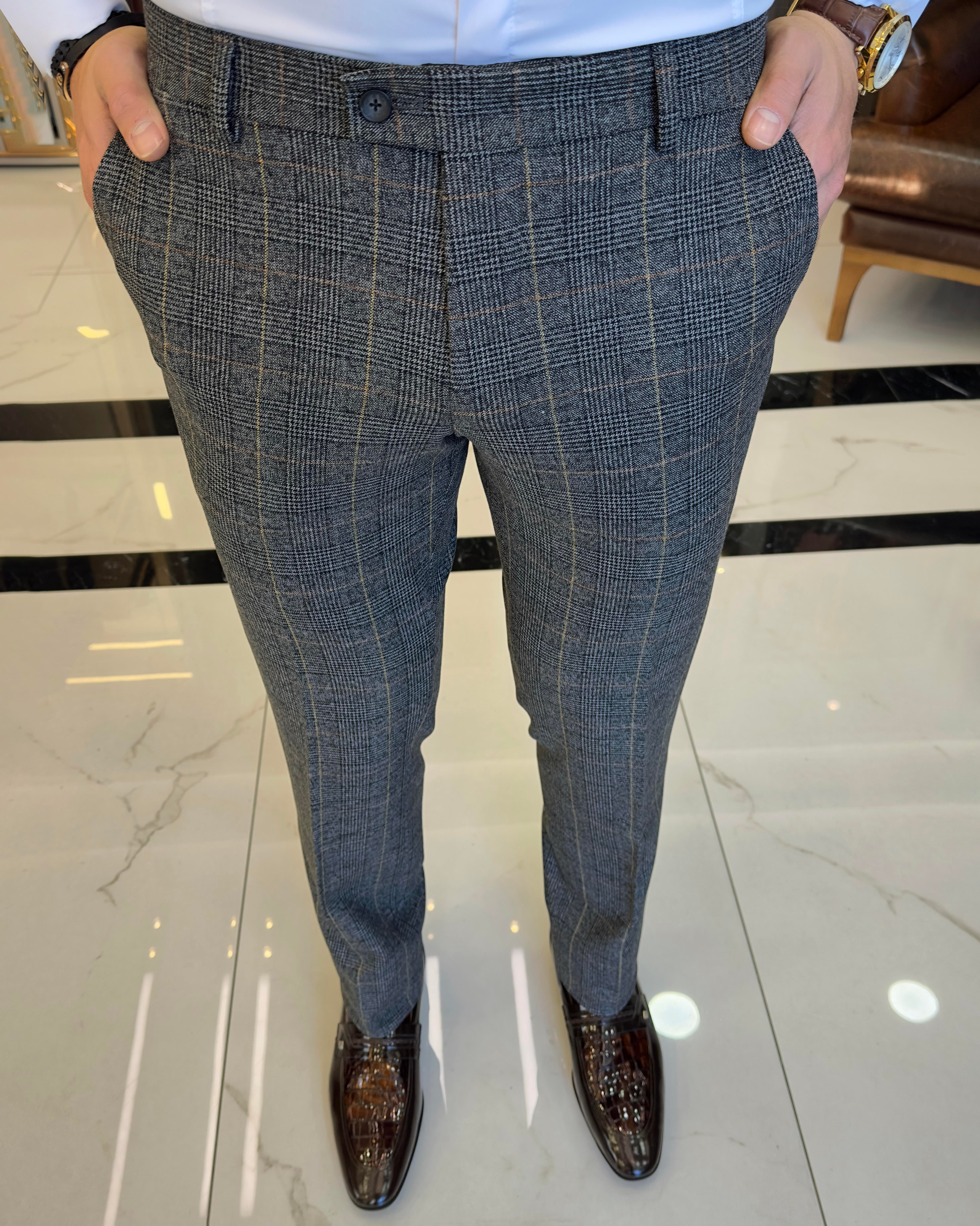  Italian style slim fit plaid pattern men's trousers gray T10170
