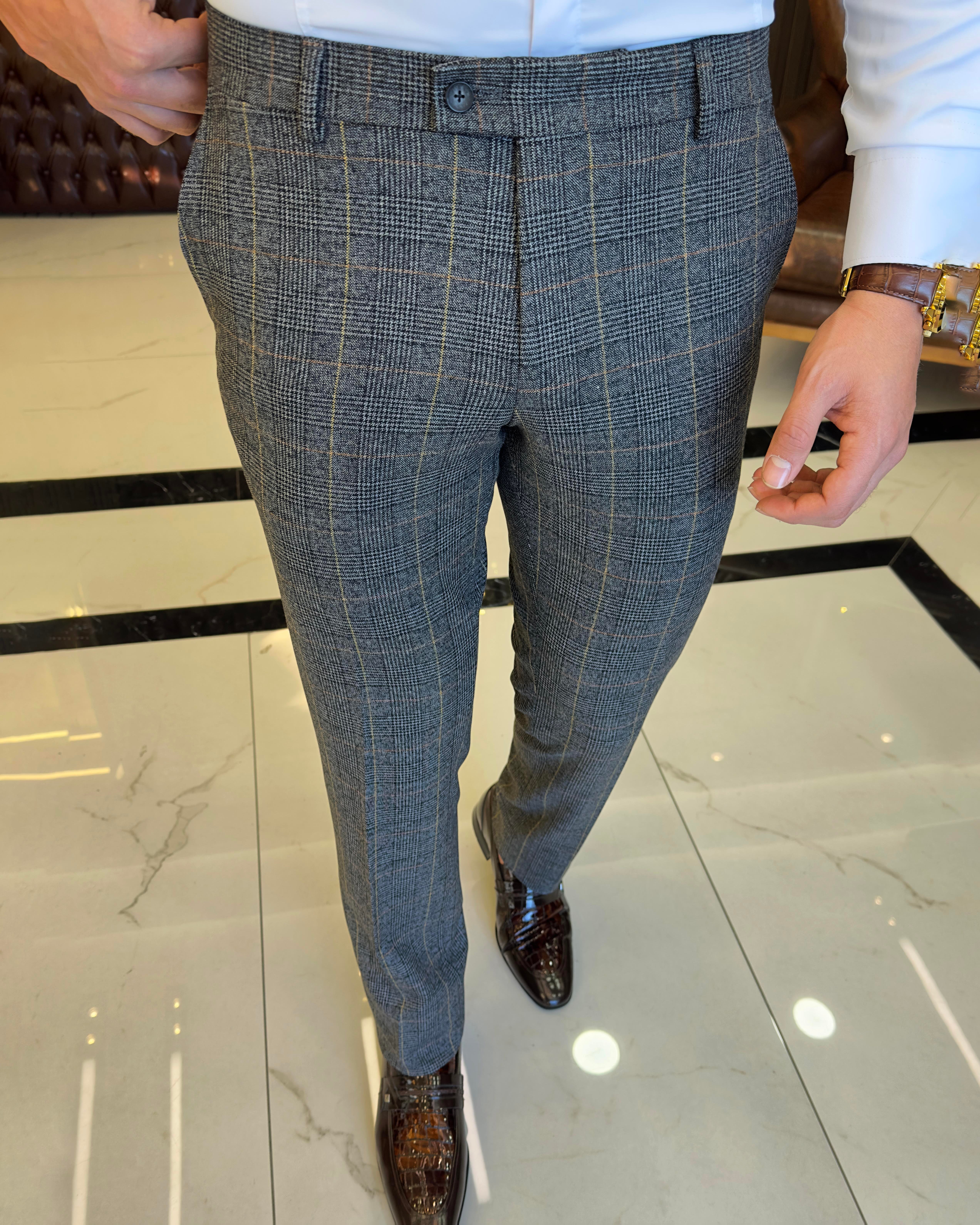  Italian style slim fit plaid pattern men's trousers gray T10170