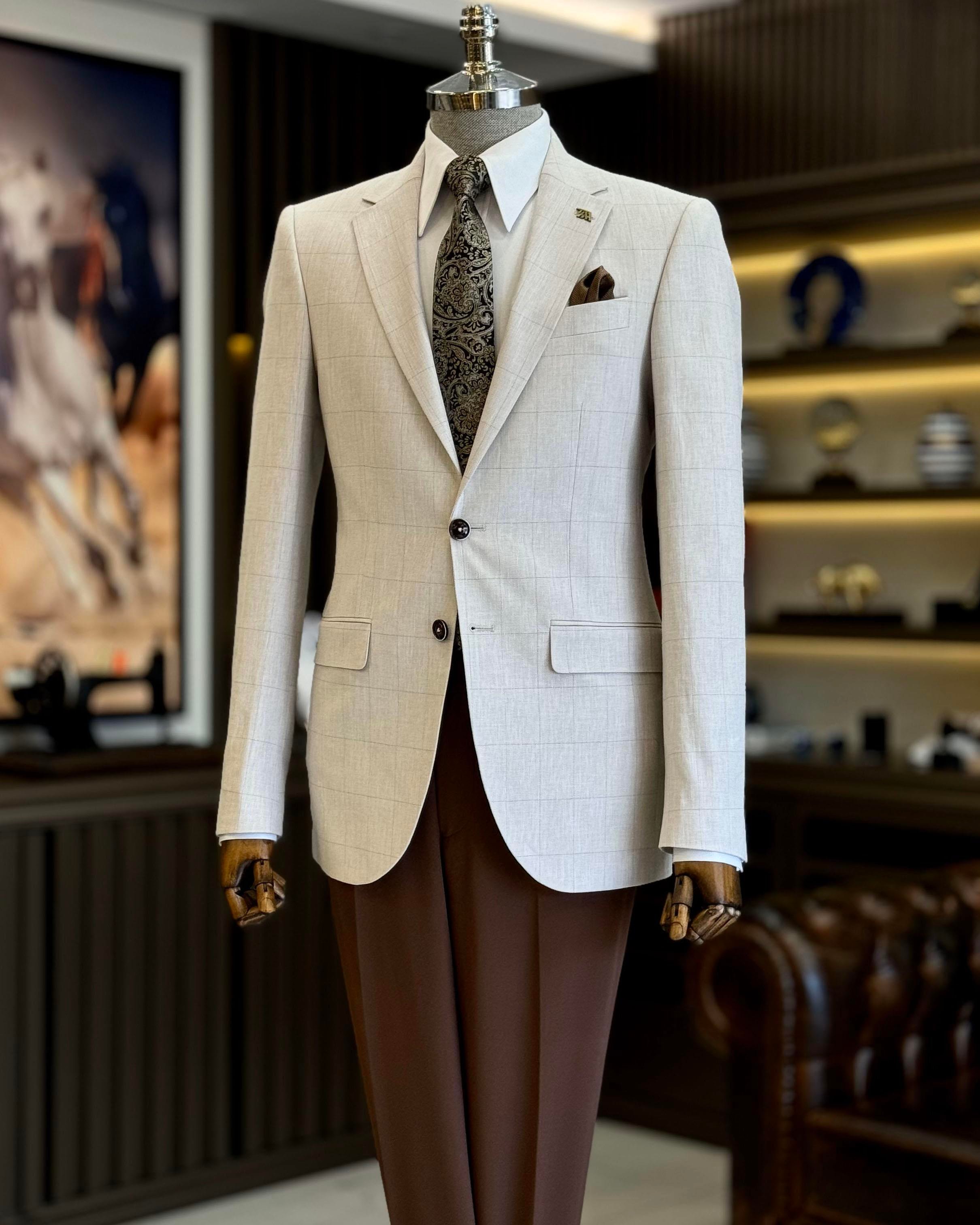 İtalyan stil slim fit ekose erkek ceket bej T12546