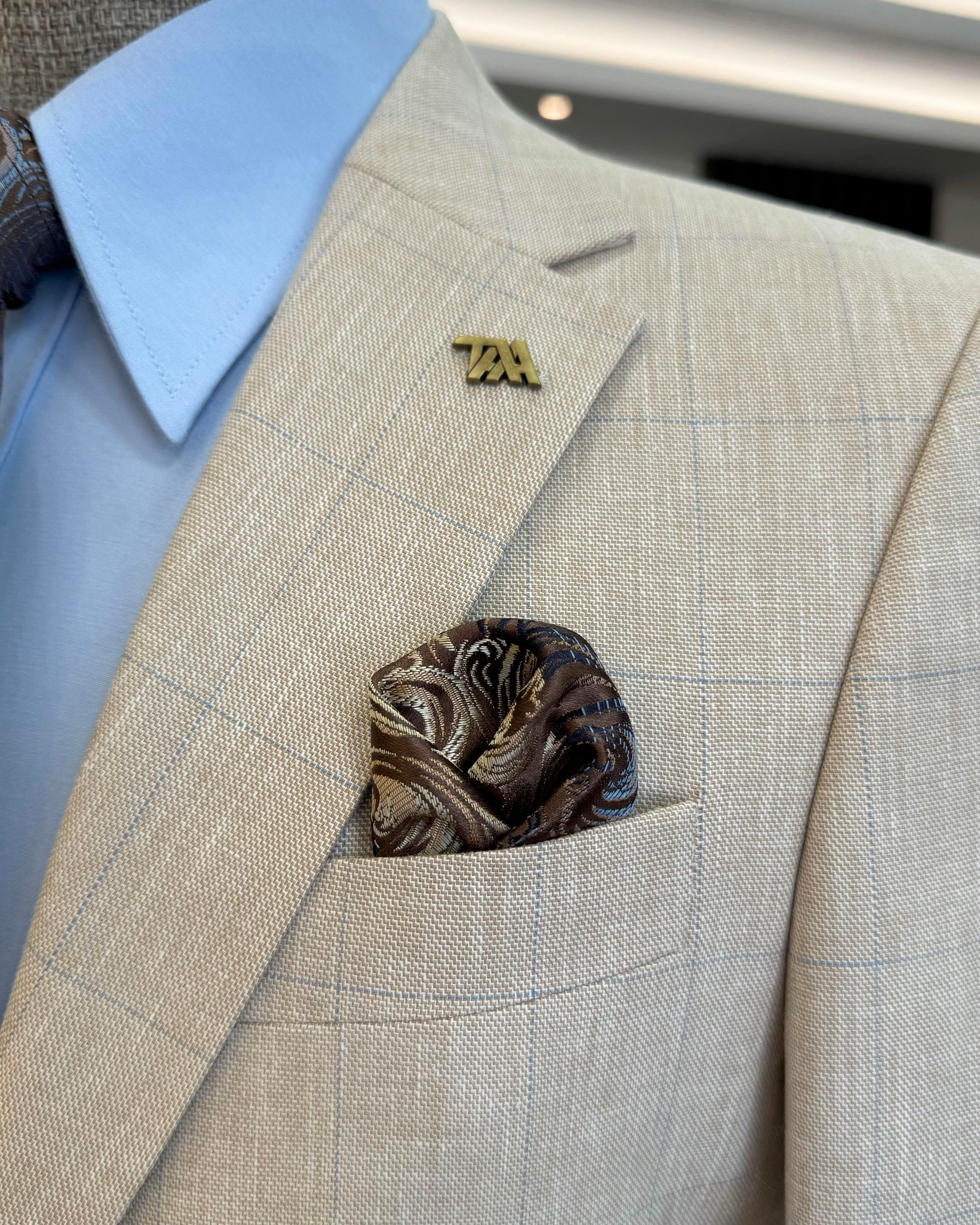 İtalyan stil slim fit ekose erkek ceket camel T12547