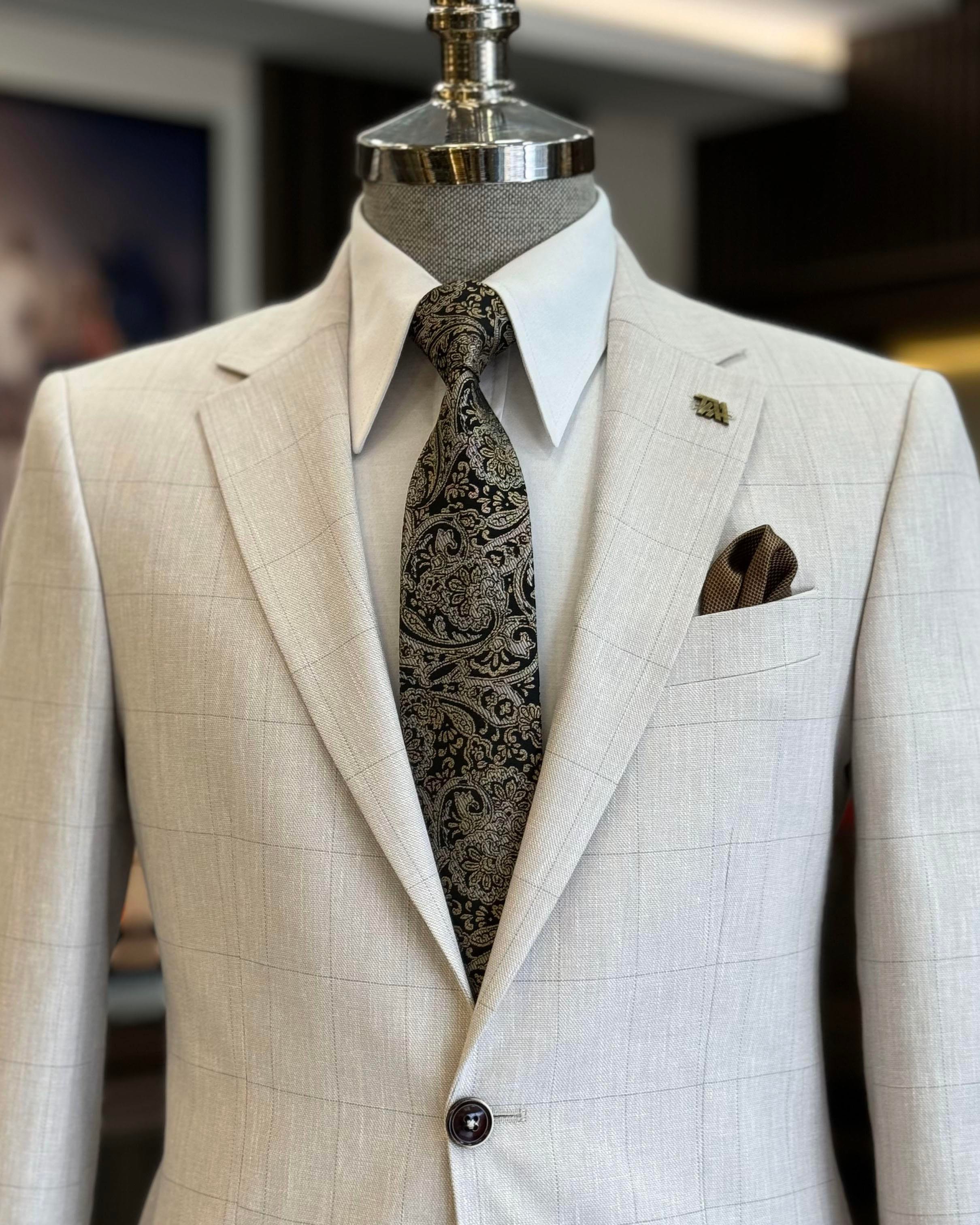 İtalyan stil slim fit ekose erkek ceket bej T12546
