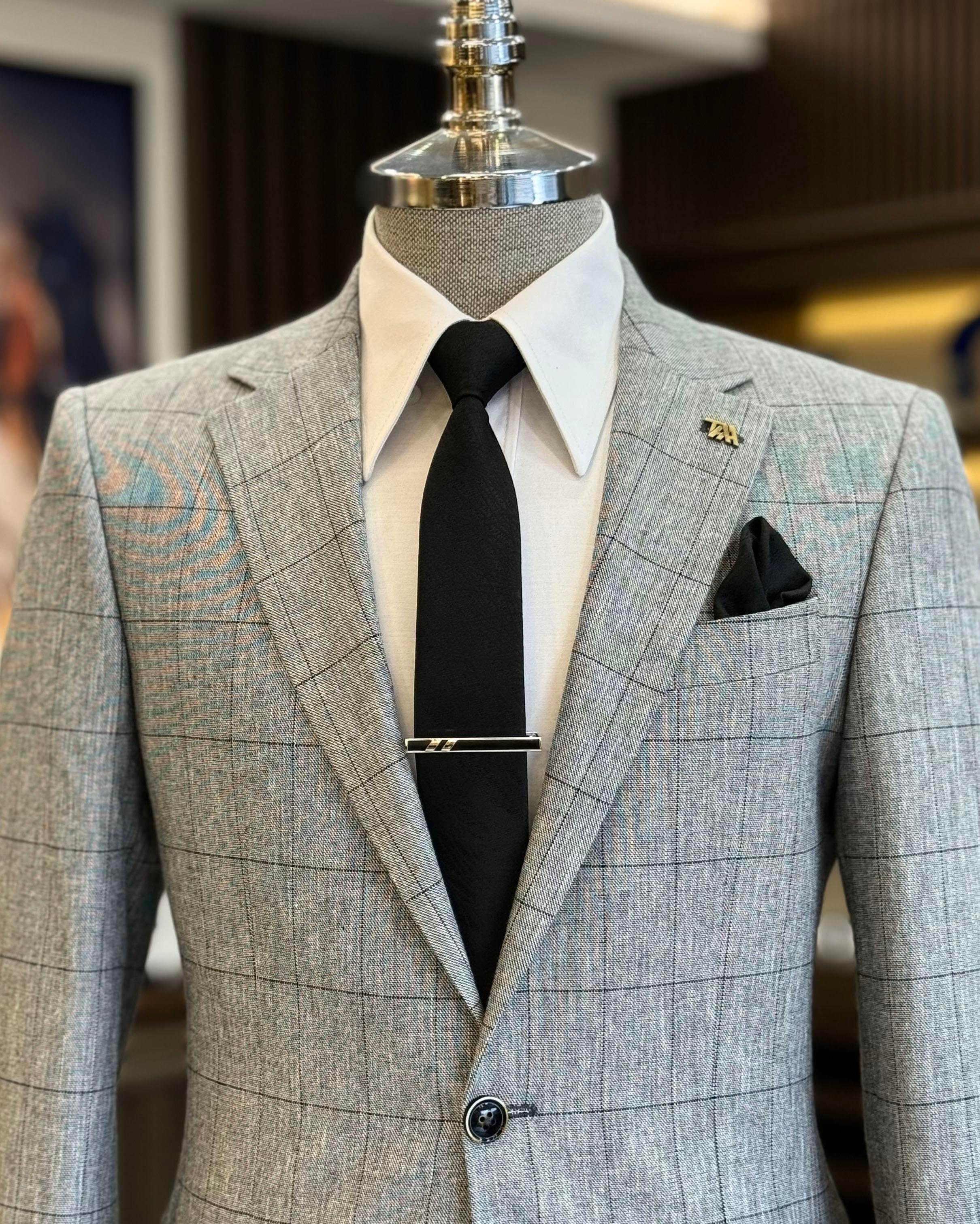 İtalyan stil slim fit ekose erkek ceket siyah T12550