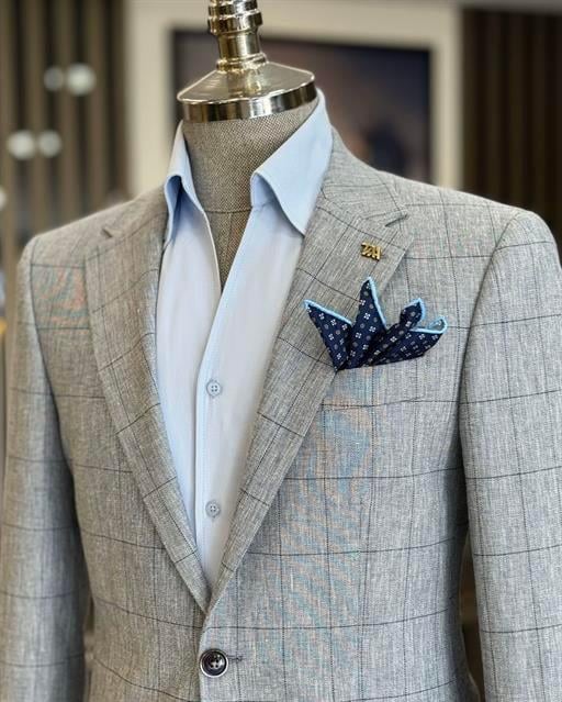 İtalyan stil slim fit ekose erkek ceket lacivert T12549