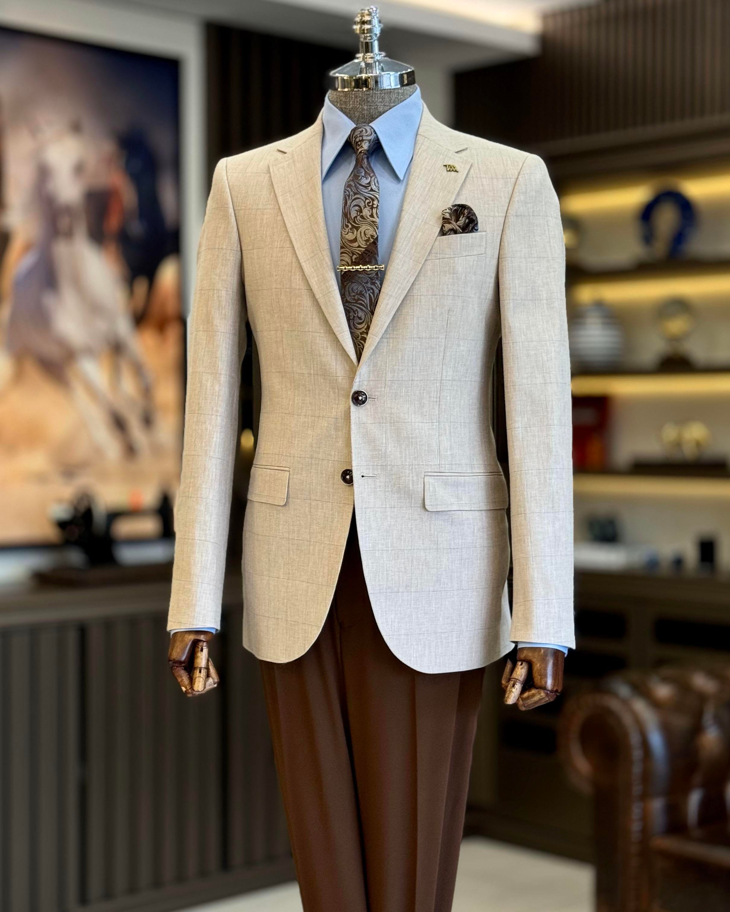 İtalyan stil slim fit ekose erkek ceket camel T12547