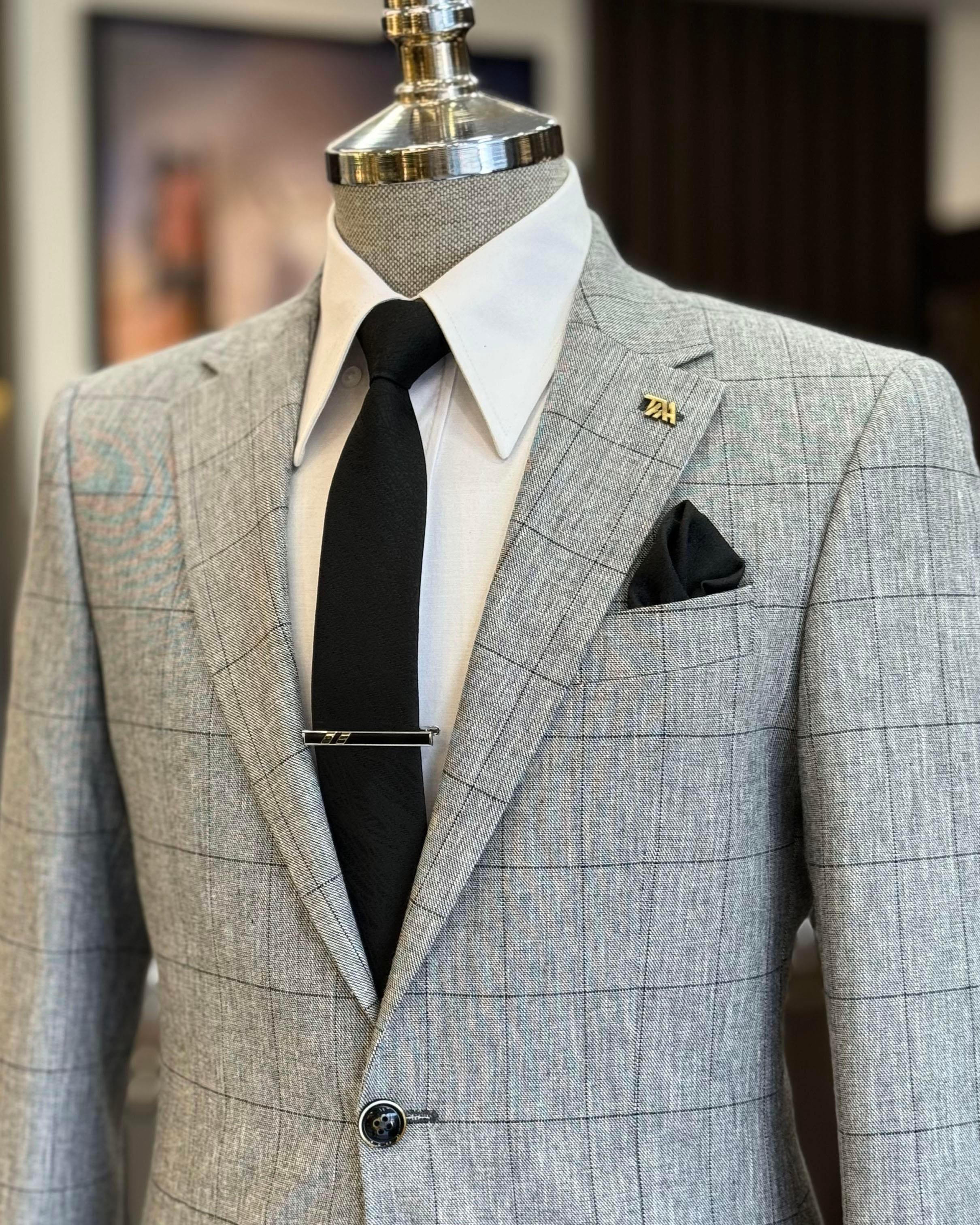 İtalyan stil slim fit ekose erkek ceket siyah T12550