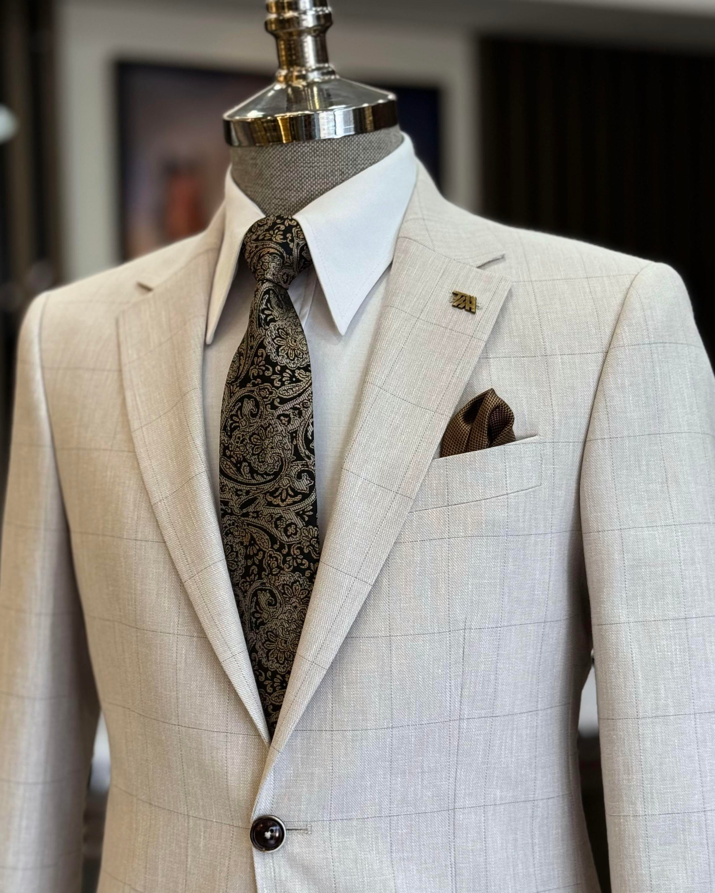 İtalyan stil slim fit ekose erkek ceket bej T12546