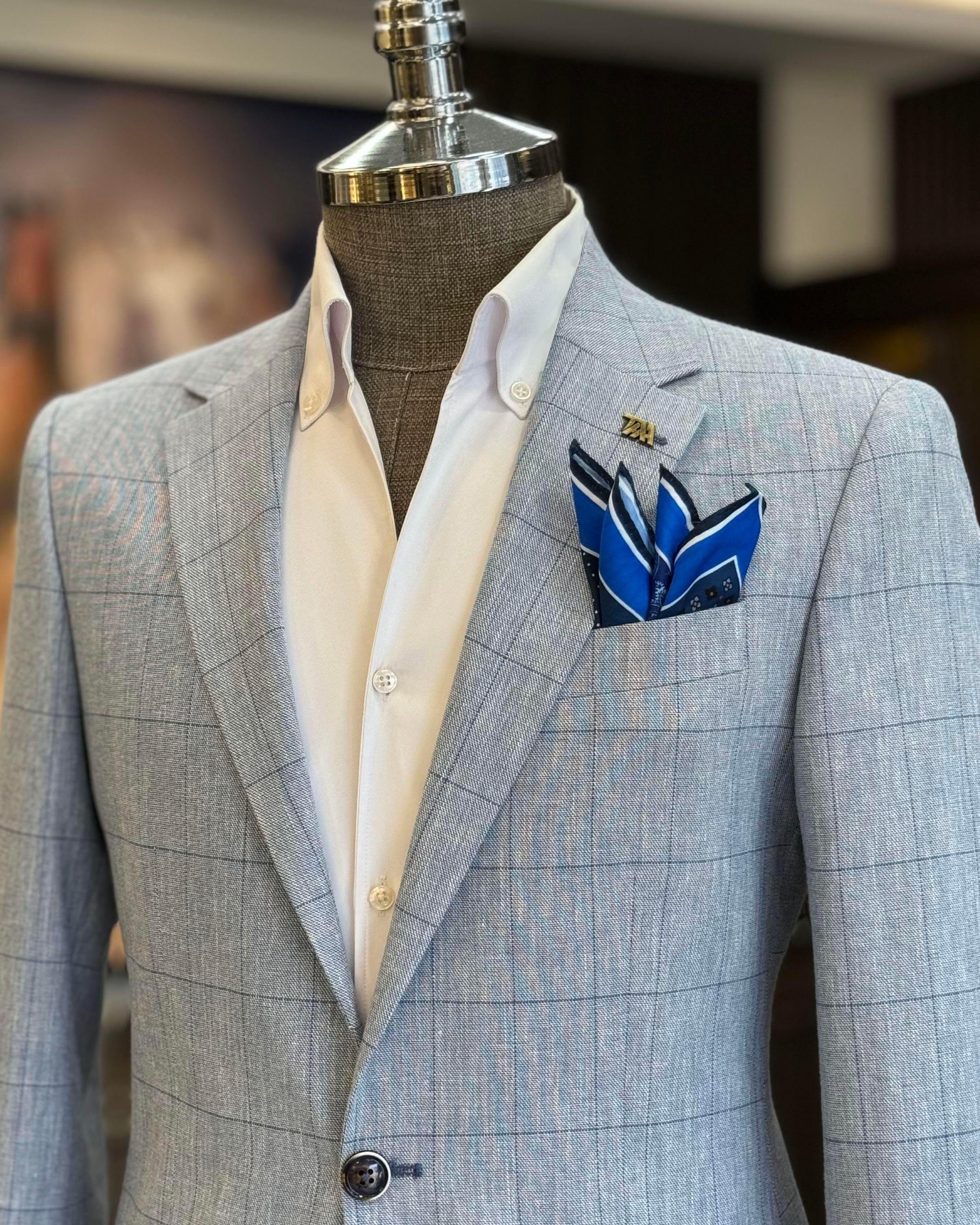 İtalyan stil slim fit ekose erkek ceket mavi T12548
