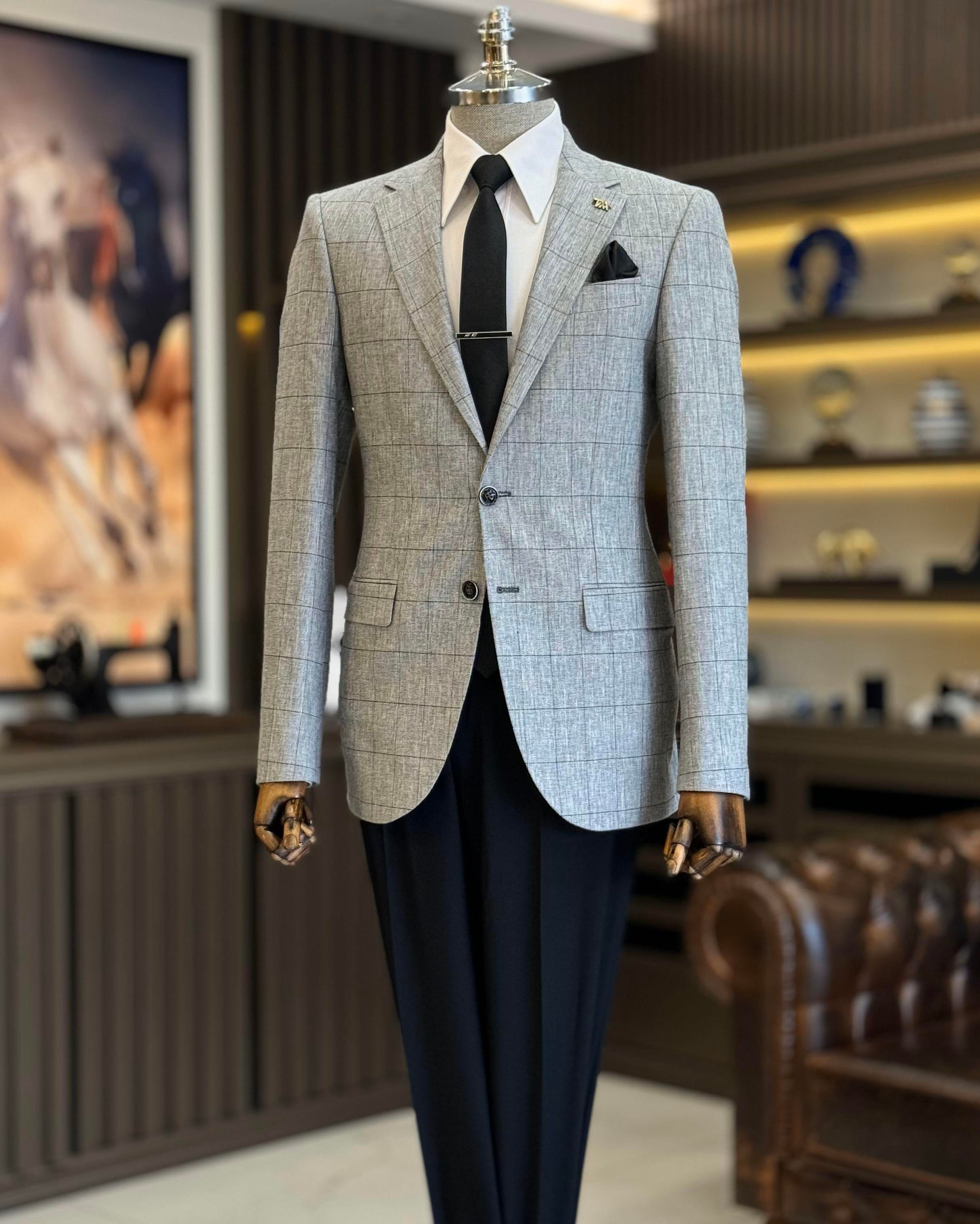 İtalyan stil slim fit ekose erkek ceket siyah T12550