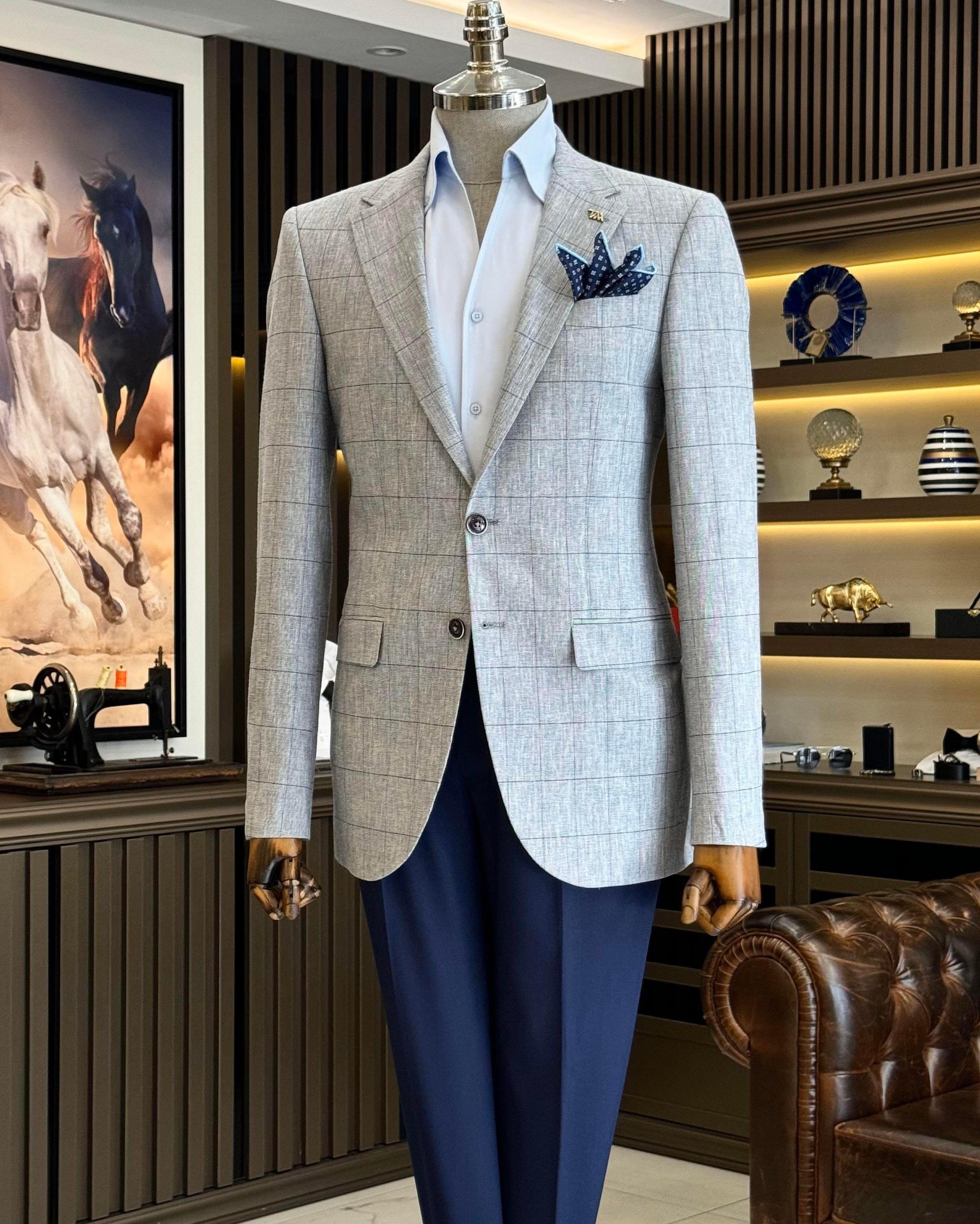 İtalyan stil slim fit ekose erkek ceket lacivert T12549