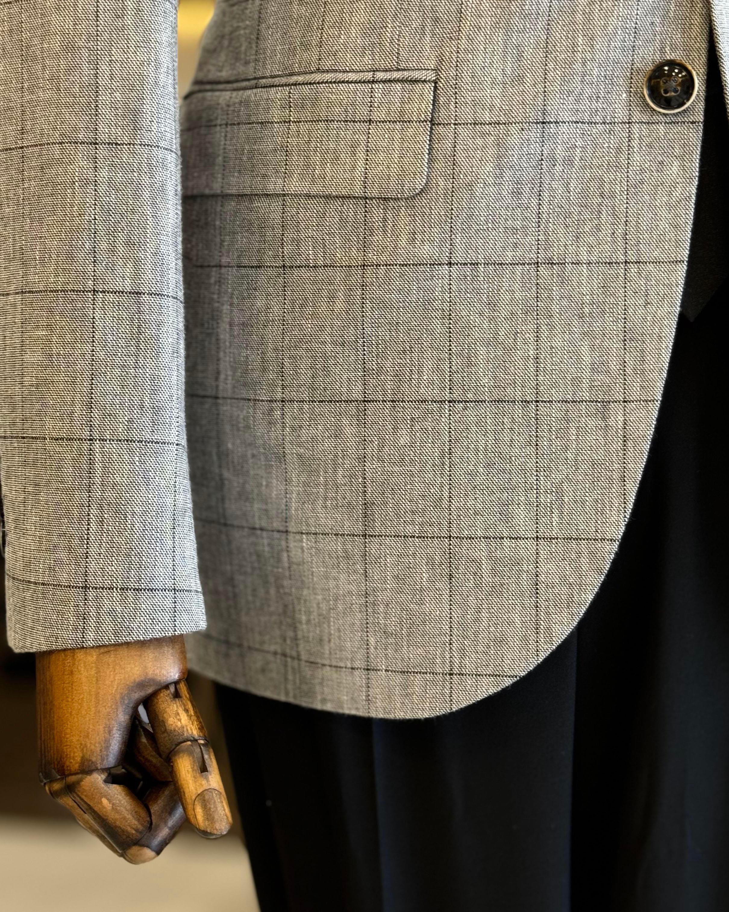 İtalyan stil slim fit ekose erkek ceket siyah T12550