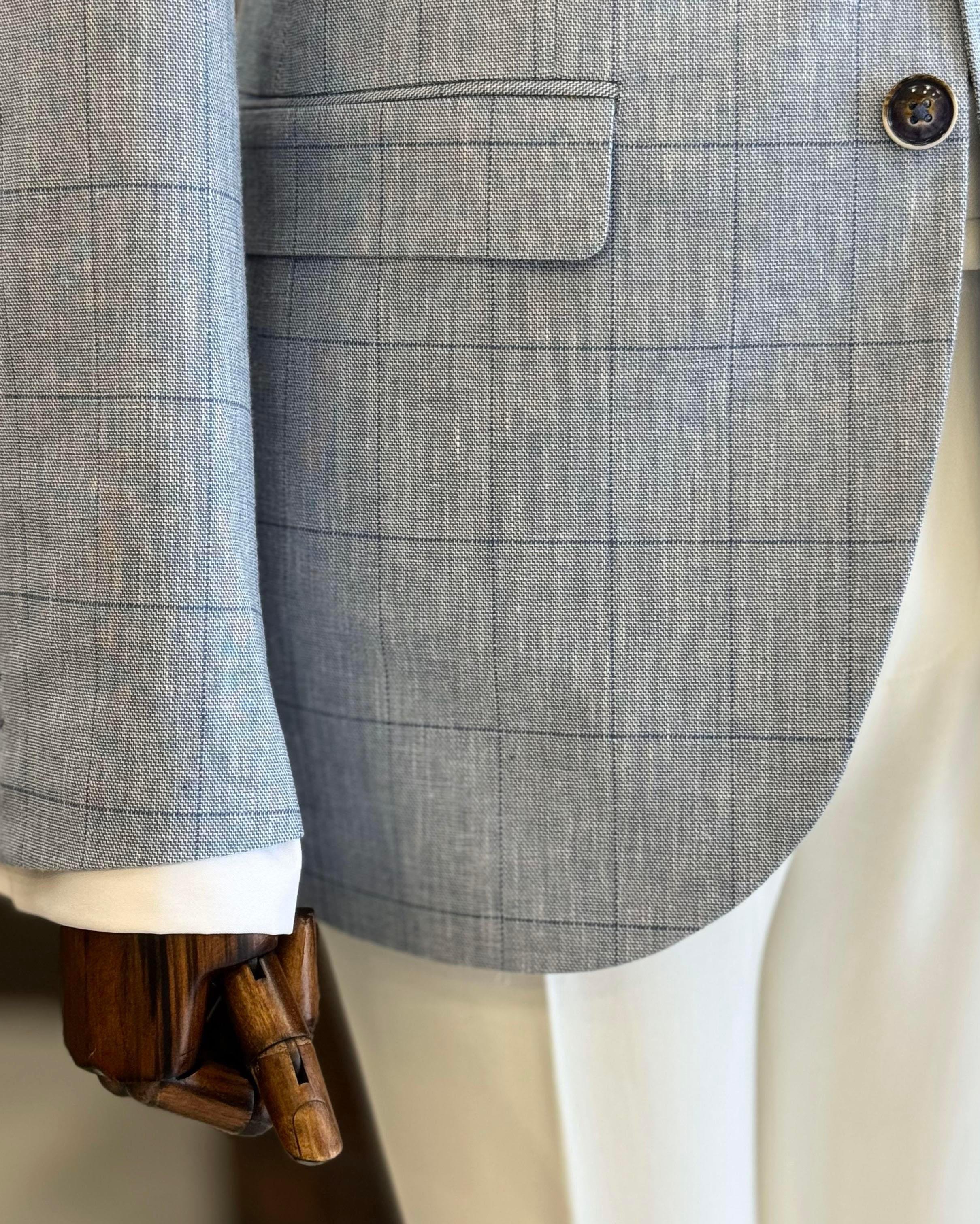 İtalyan stil slim fit ekose erkek ceket mavi T12548