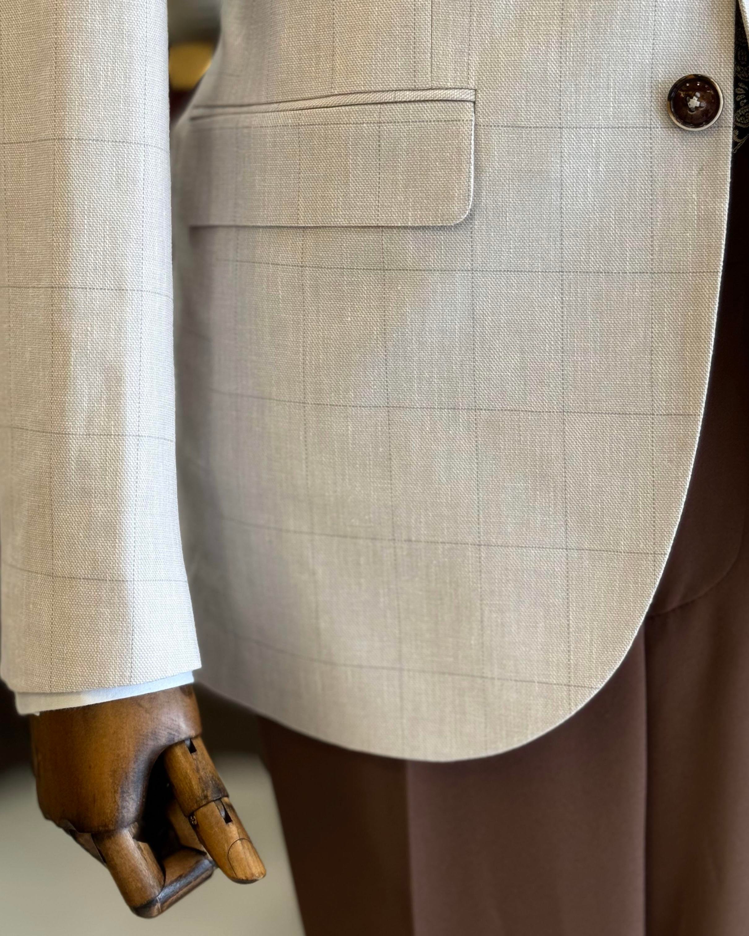 İtalyan stil slim fit ekose erkek ceket bej T12546
