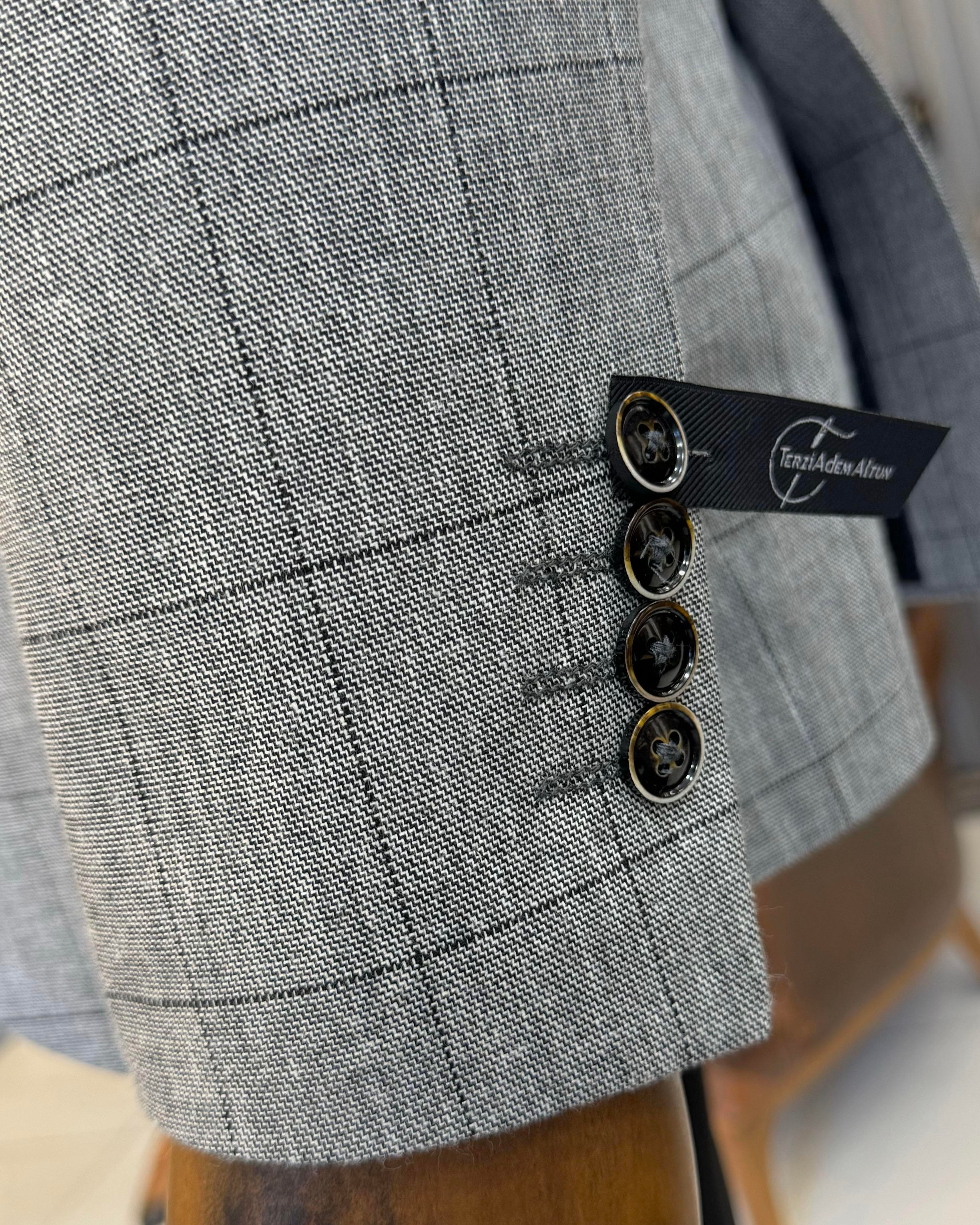 İtalyan stil slim fit ekose erkek ceket siyah T12550