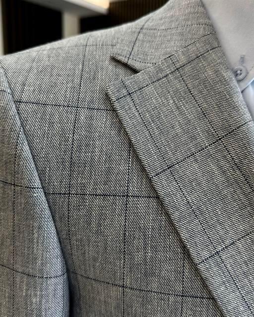 İtalyan stil slim fit ekose erkek ceket lacivert T12549