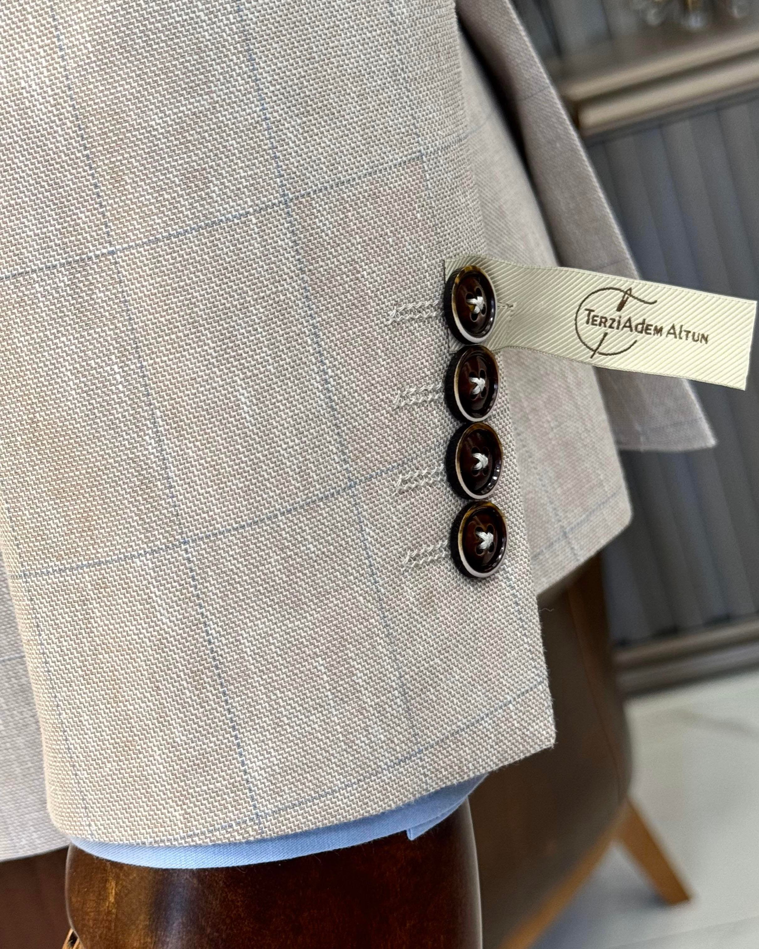 İtalyan stil slim fit ekose erkek ceket camel T12547