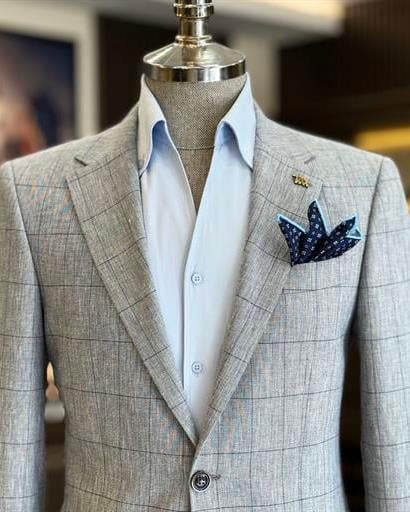 İtalyan stil slim fit ekose erkek ceket lacivert T12549
