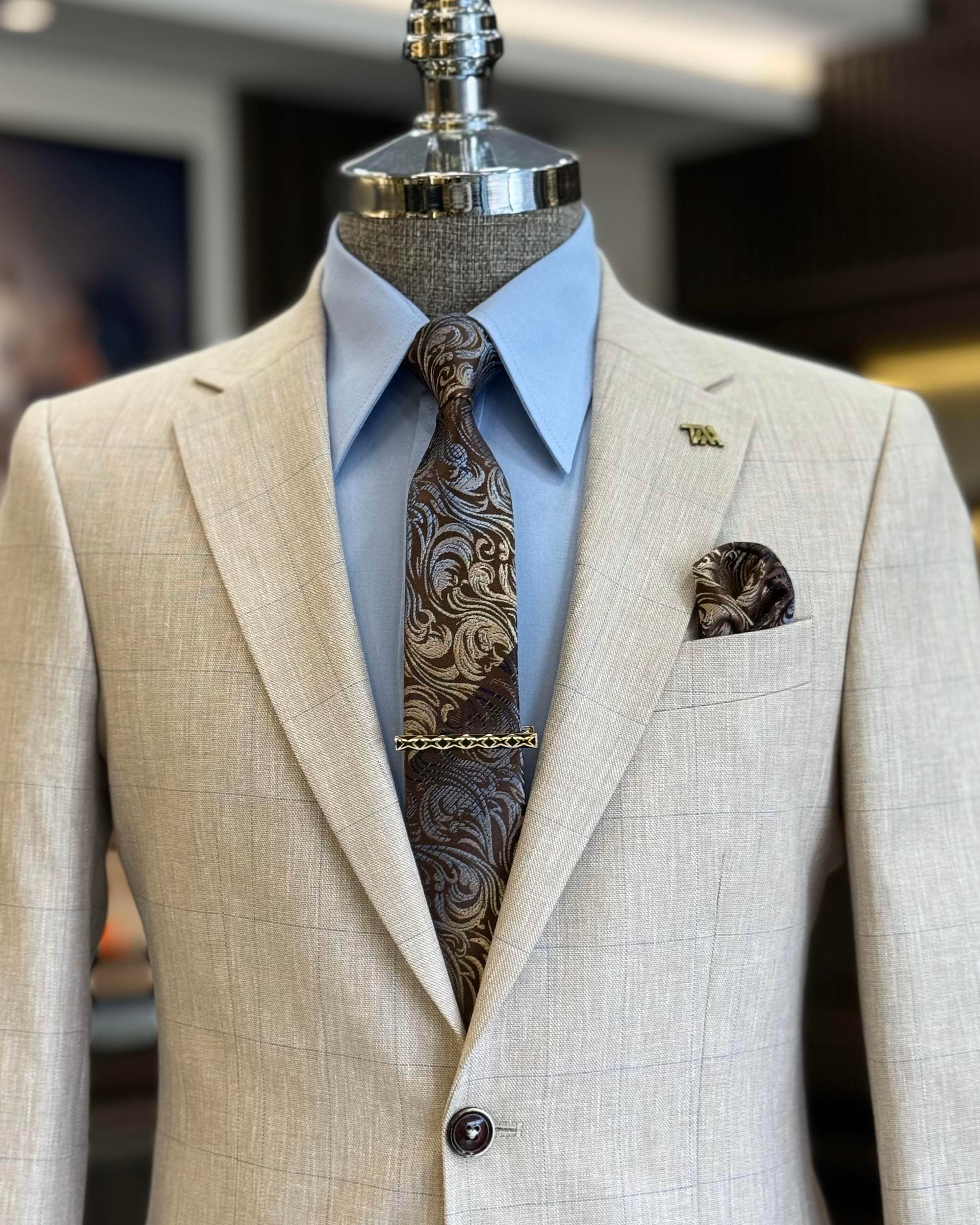 İtalyan stil slim fit ekose erkek ceket camel T12547
