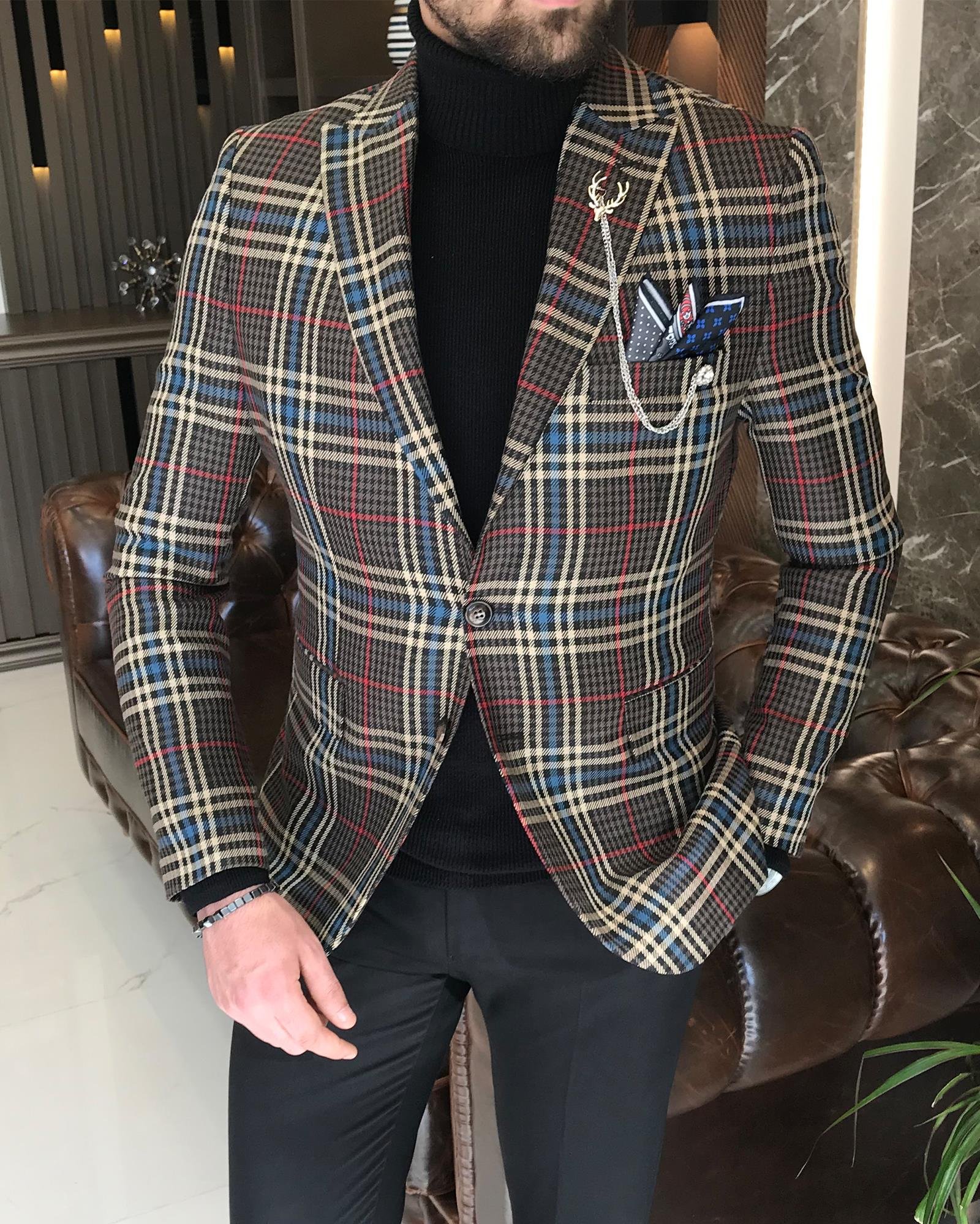 İtalyan stil slim fit ekose erkek tek ceket kahverengi T9058
